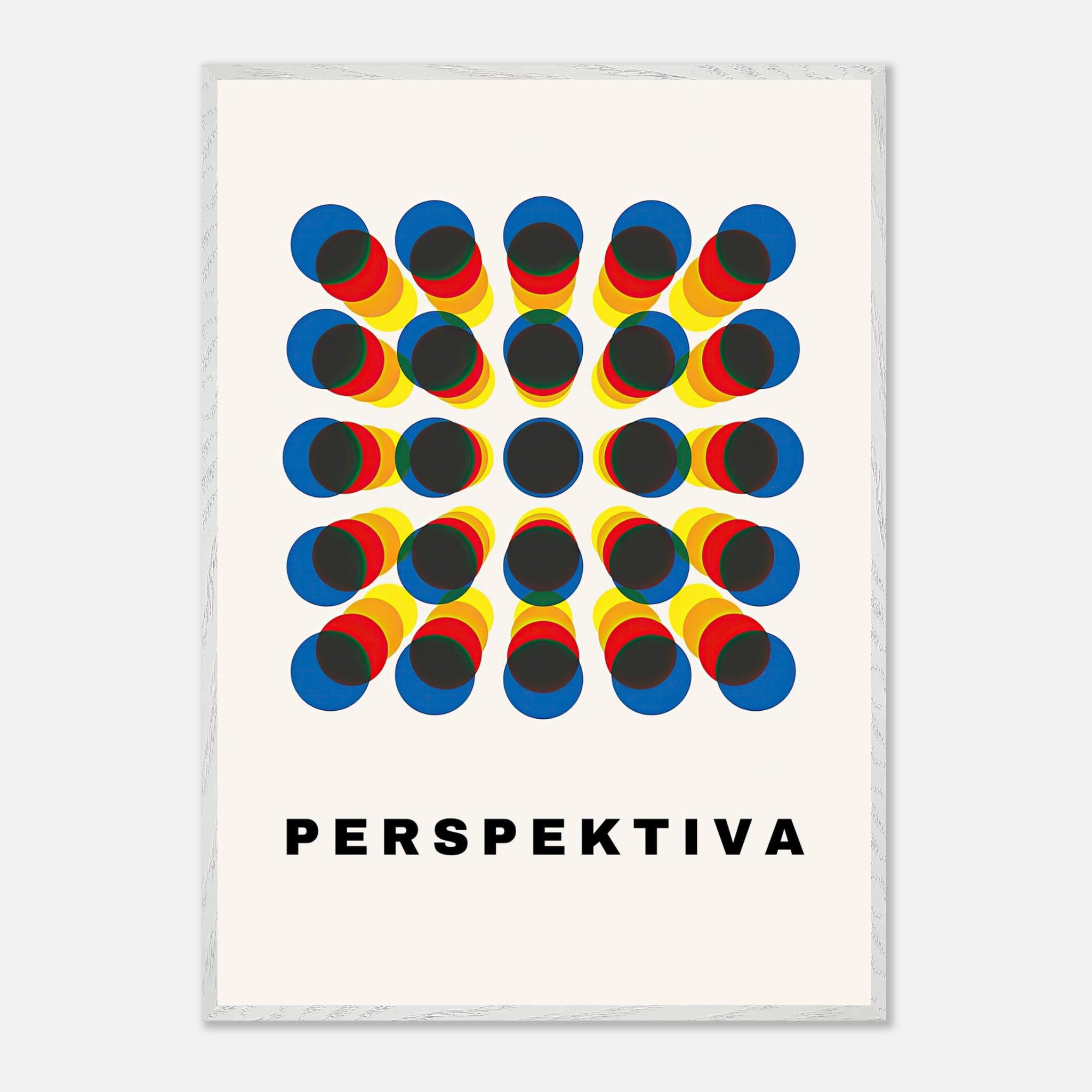 Perspective Abstract Art print featuring geometric patterns in vibrant blue, yellow, and red hues, titled 'PERSPEKTIVA'.