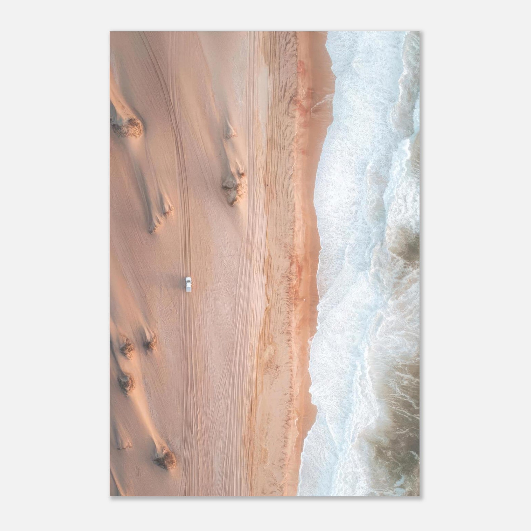 Aerial view of sandy desert meeting ocean waves in 'Where Desert Meets Ocean' drone photography print.