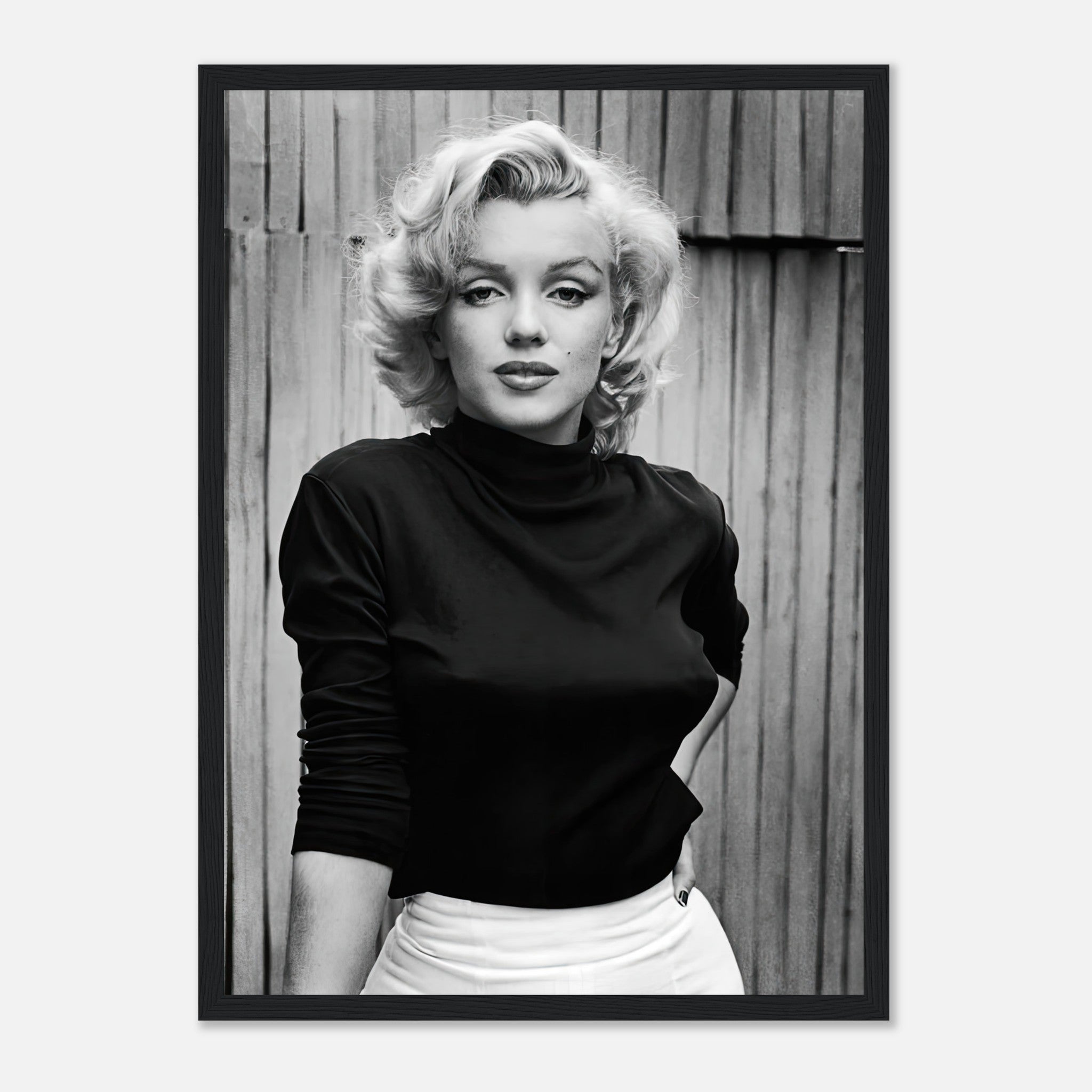 Marilyn Monroe black-and-white portrait framed print showcasing her iconic elegance and vintage glamour.
