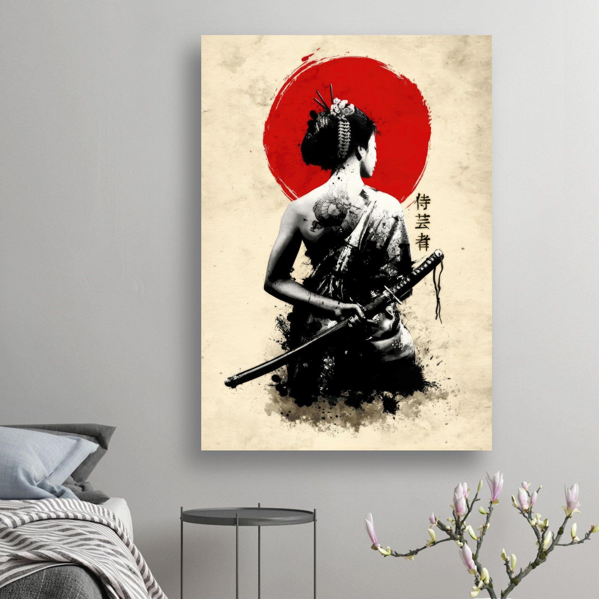 Samurai Geisha poster depicting a graceful geisha with a katana and red sun backdrop, enhancing any living space.