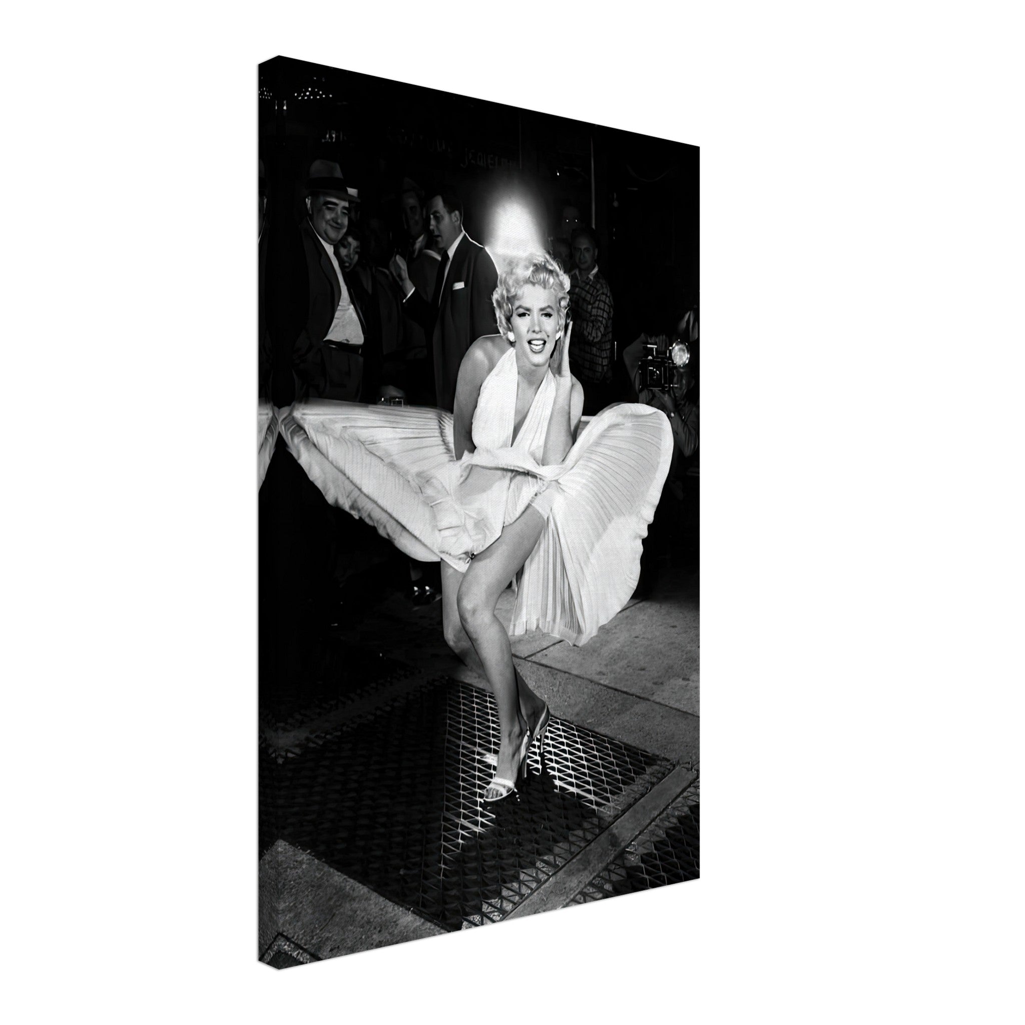Marilyn Monroe in white dress, iconic wind-blown moment, black-and-white canvas print for vintage movie lovers.