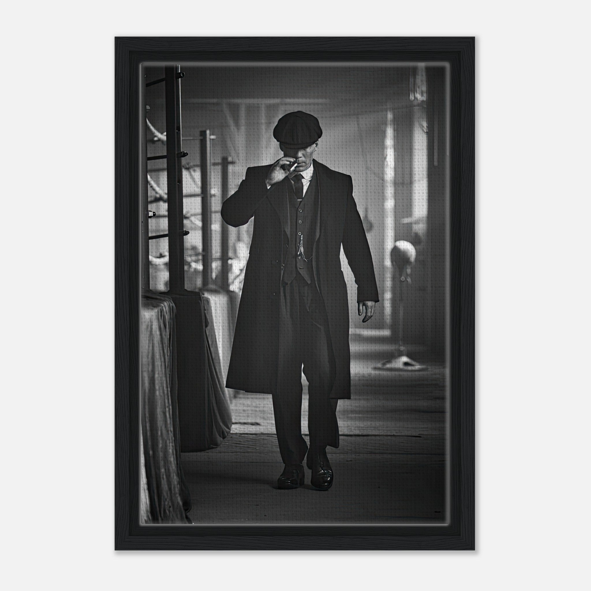 Tommy Shelby framed canvas print from Peaky Blinders, showcasing a stylish man in monochrome.