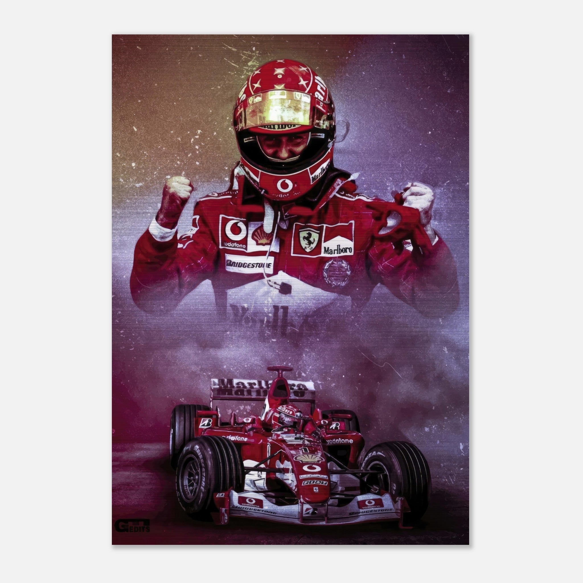 Michael Schumacher brushed metal poster featuring him in Ferrari gear and his iconic F1 car, showcasing a sleek design.
