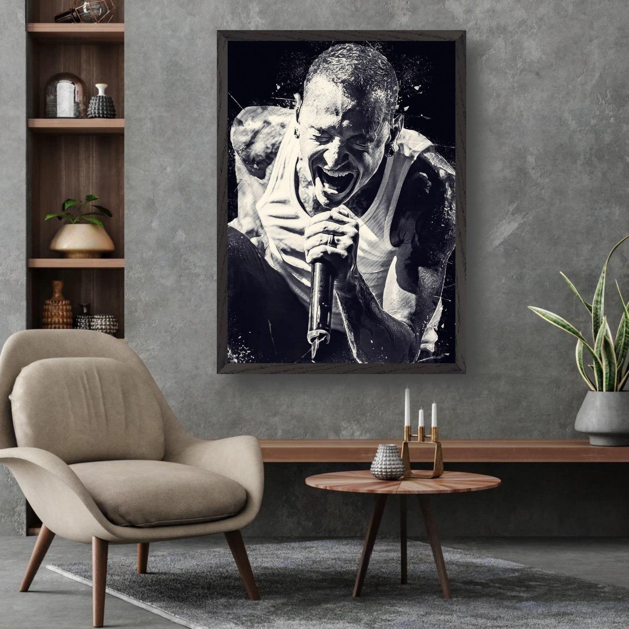 Chester Bennington museum-quality fine art print displayed in a modern living room setting.