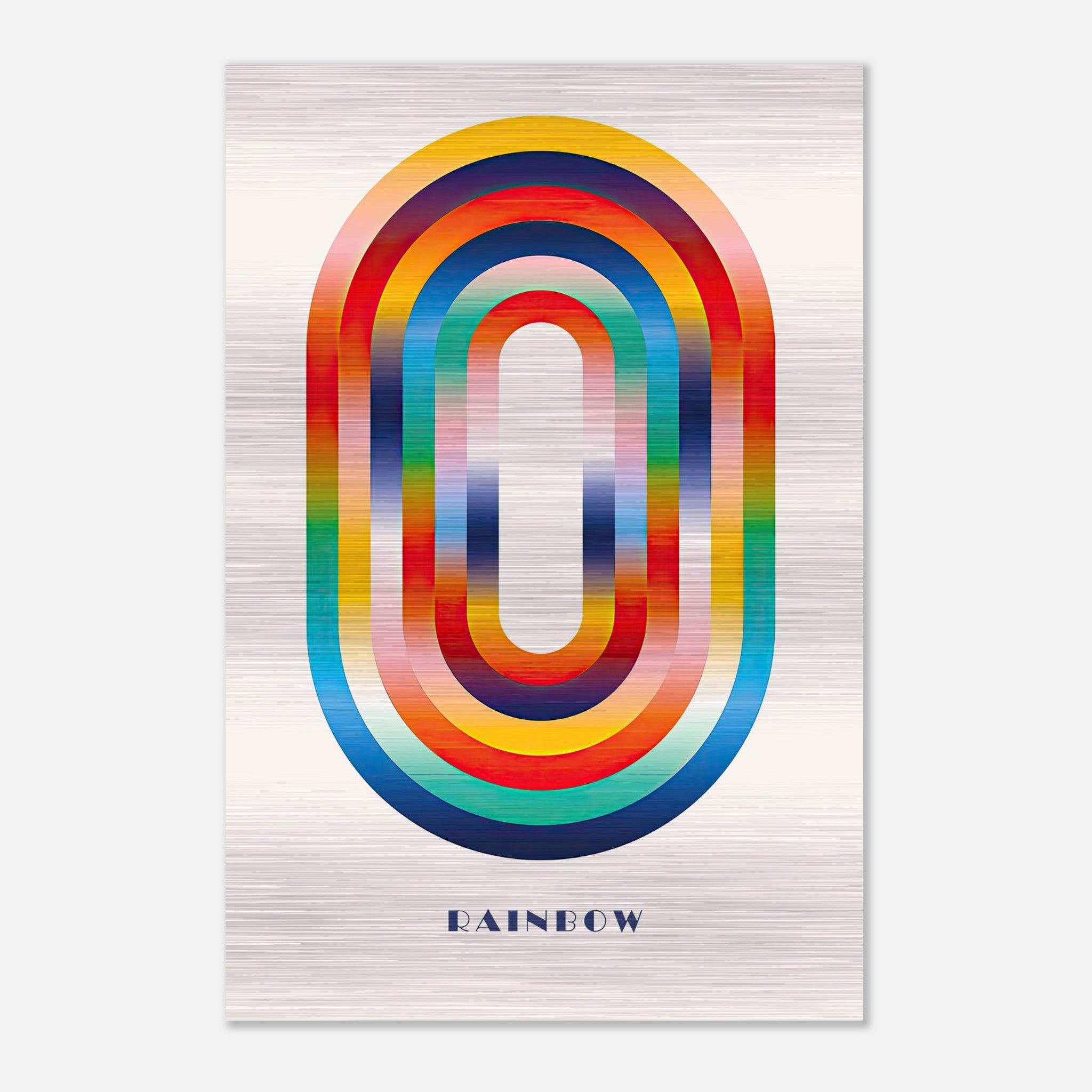 Colorful abstract rainbow geometric art print on brushed metal surface, ideal for modern home or office decor.