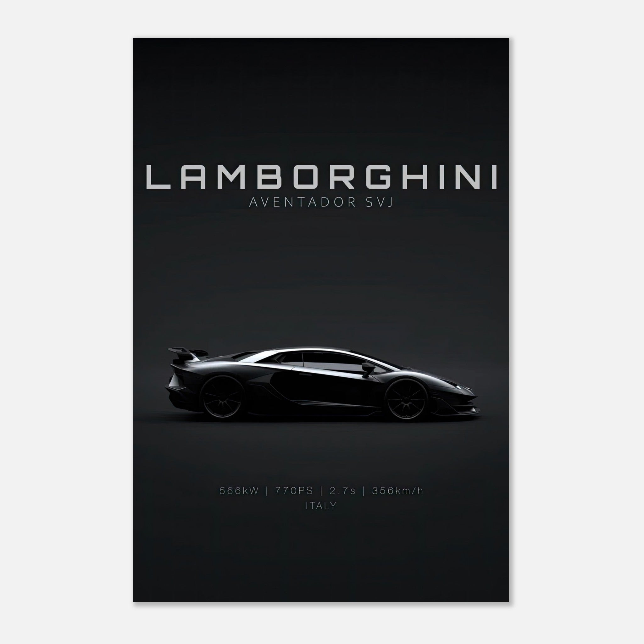 Lamborghini Aventador SVJ metal print showcasing its sleek silhouette and powerful performance in minimalist design.