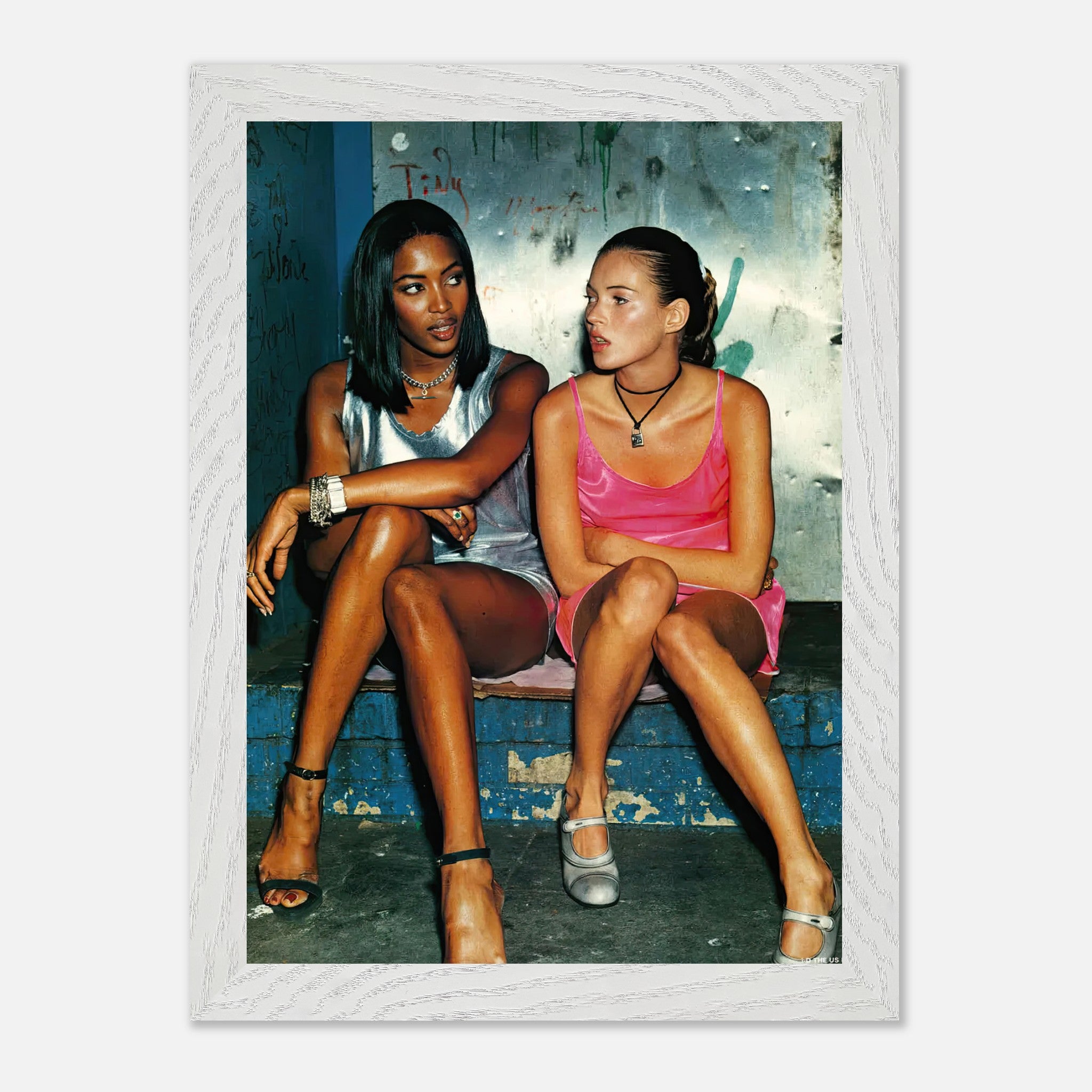 Naomi Campbell and Kate Moss vintage framed print capturing 90s supermodel glamour and style.