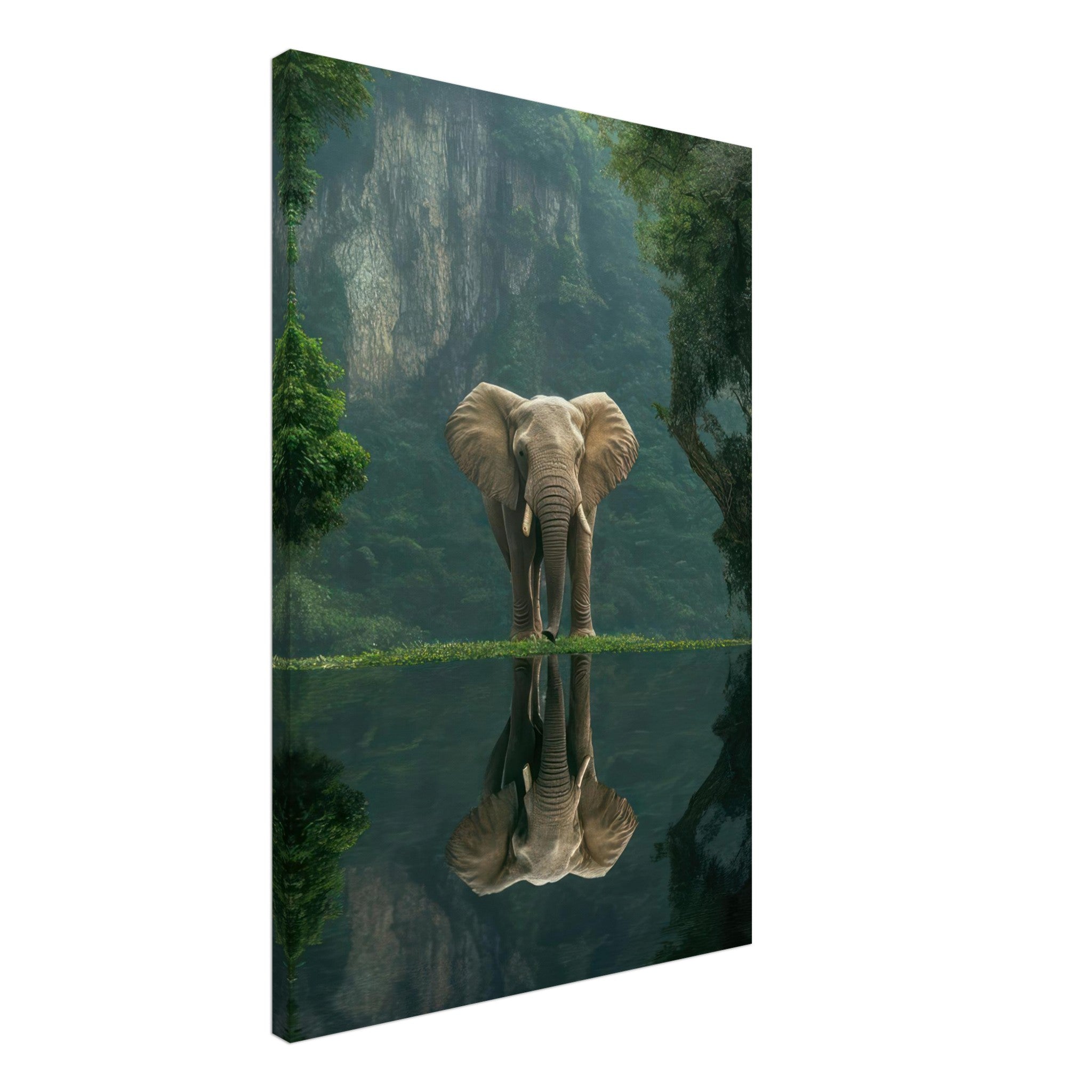 Jungle Elephant Portrait canvas print showcasing an elephant by a reflective pool amidst lush jungle scenery.