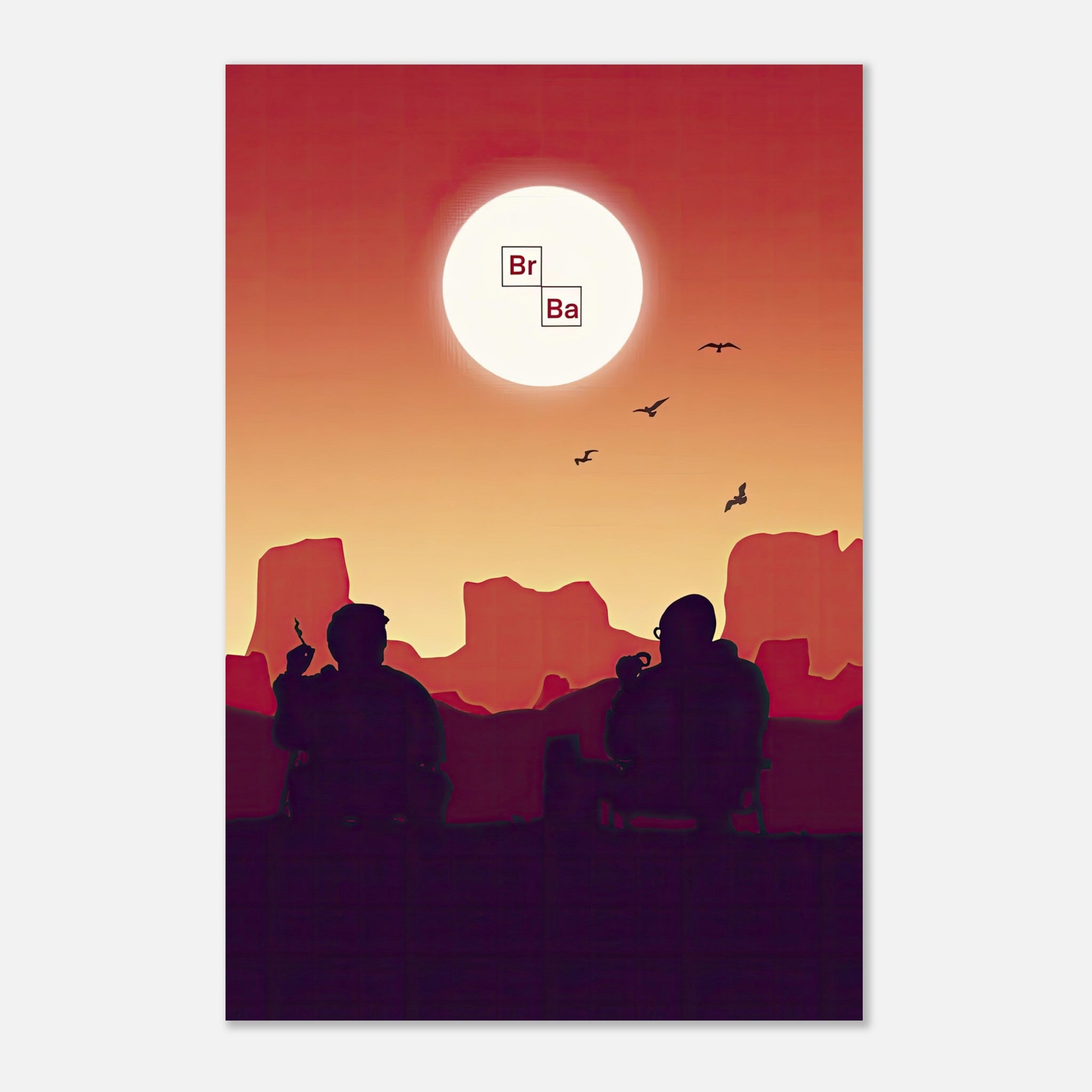 Sunset Breaking Bad metal poster featuring iconic duo in silhouette against a vibrant desert sunset.