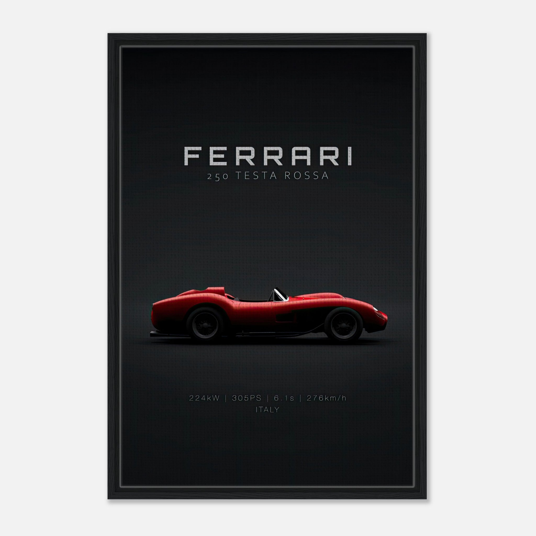 Ferrari 250 Testa Rossa framed canvas print showcasing iconic red race car silhouette on a minimalist black background.