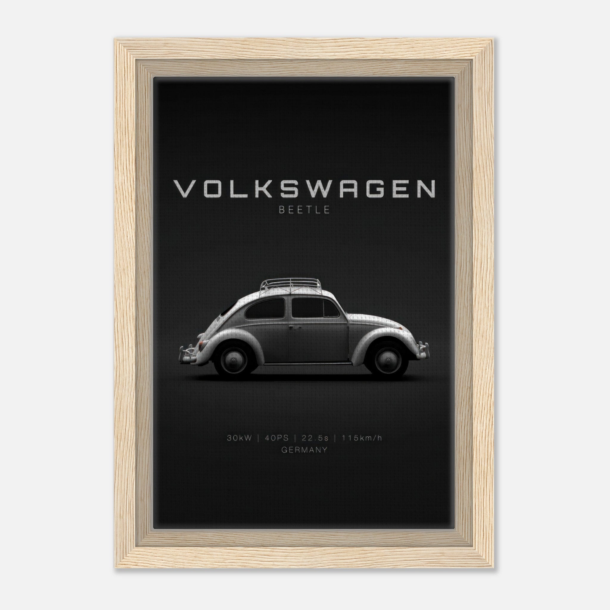 Volkswagen Beetle framed canvas artwork showcasing classic car design on a sleek black background.