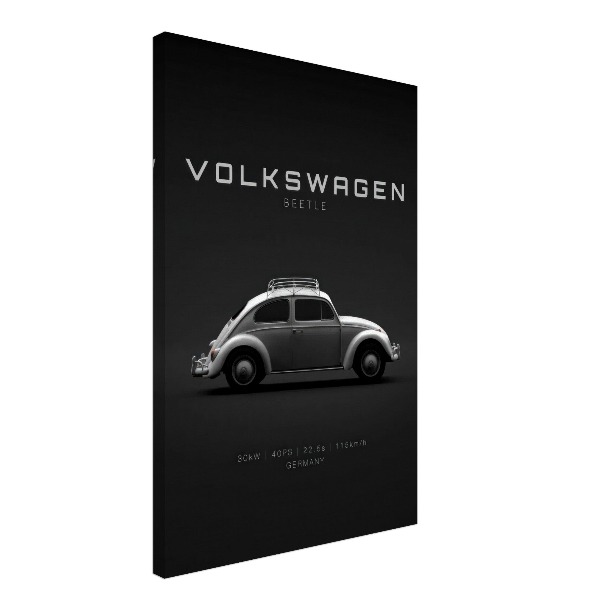 Volkswagen Beetle canvas artwork featuring a classic car silhouette on a sleek black background.