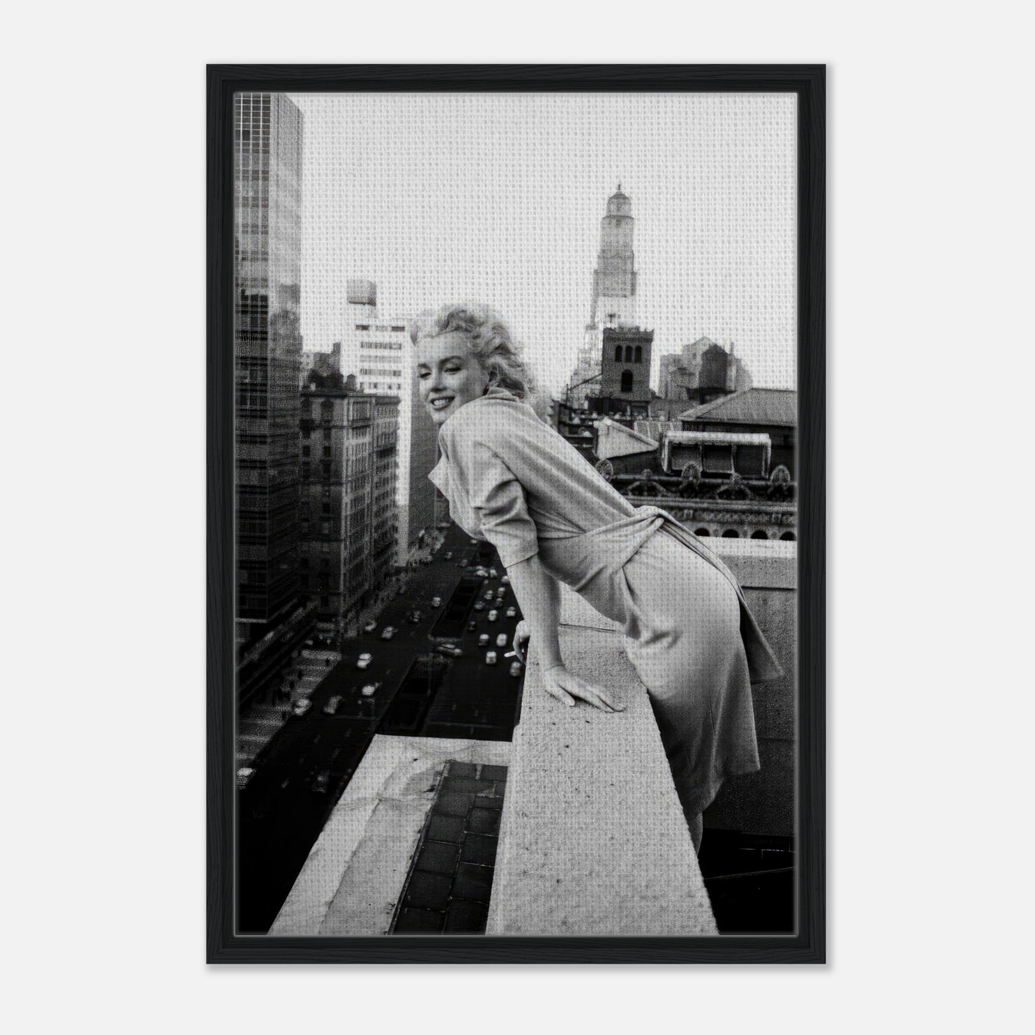 Marilyn Monroe framed canvas art on rooftops of New York City, showcasing vintage Hollywood charm and elegance.