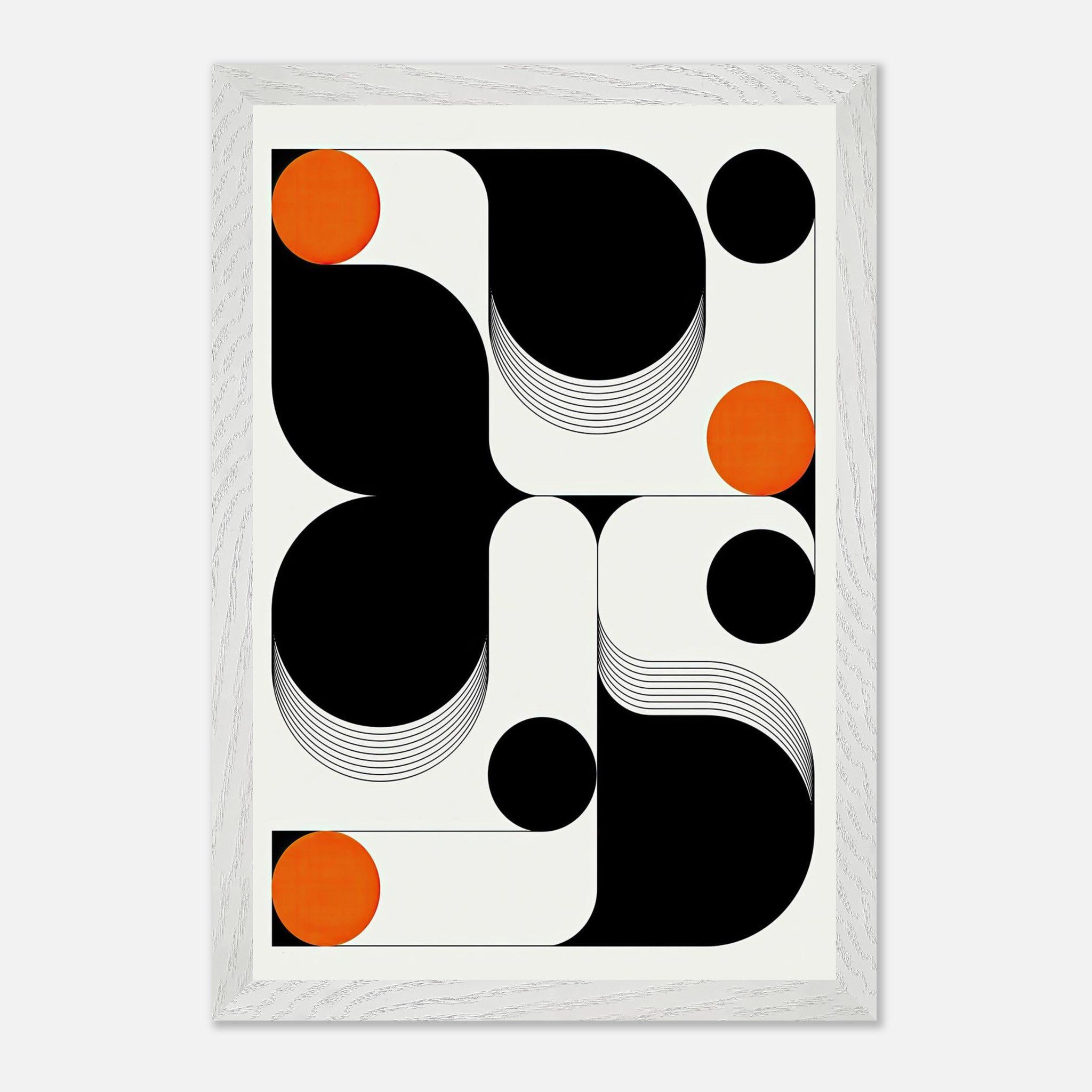 Modern geometric abstract art featuring sharp lines, smooth curves, and contrasting black and orange tones.