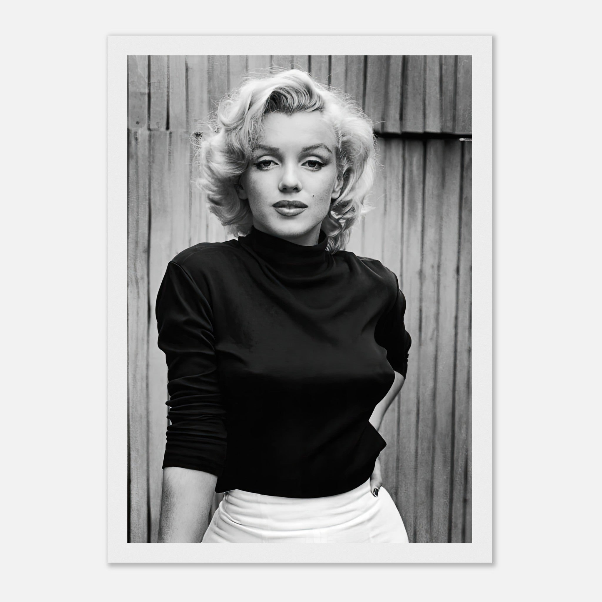 Marilyn Monroe portrait framed print in black and white, showcasing her iconic beauty and style.
