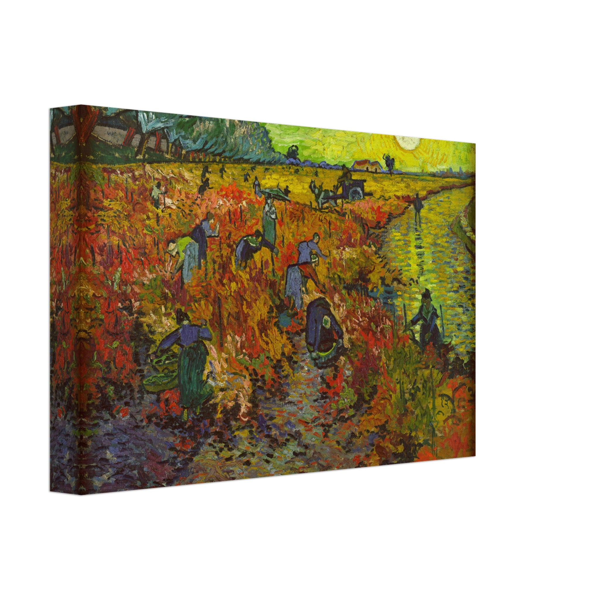 The Red Vineyard by Van Gogh canvas print depicting vibrant colors of a harvesting scene in an autumn vineyard.