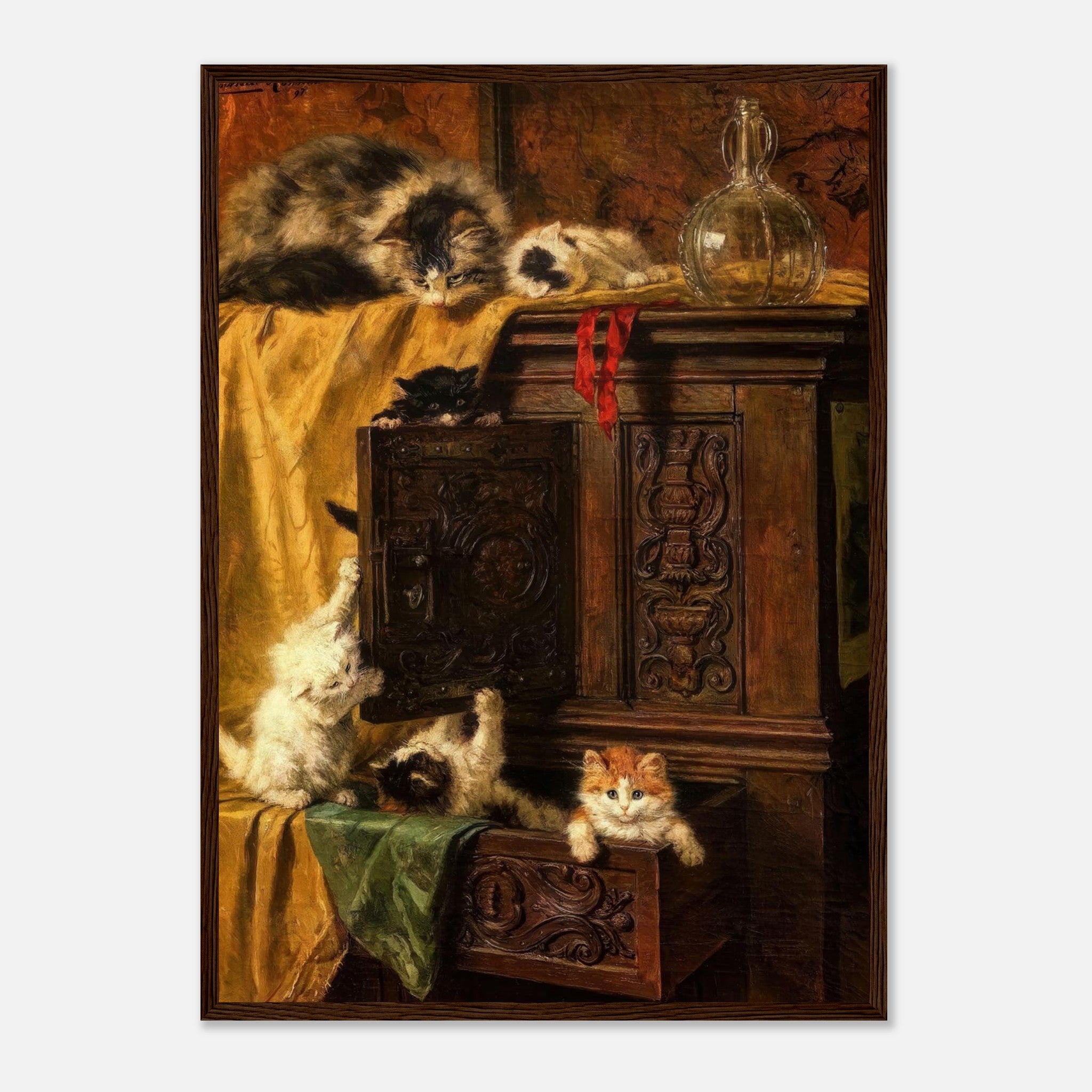 Vintage Cat Painting featuring playful kittens exploring a wooden cabinet, rich tones and intricate details.