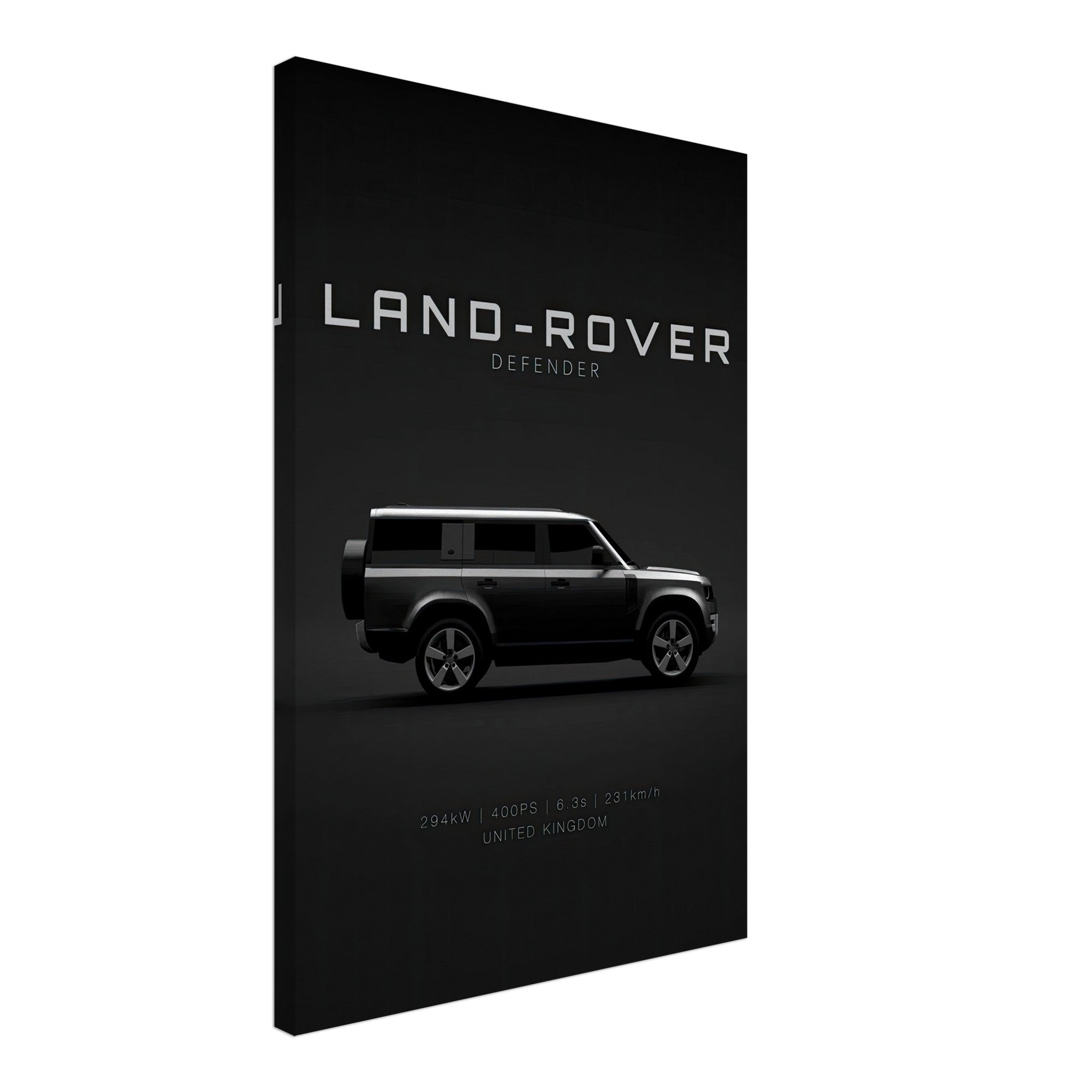 Land Rover Defender canvas on a sleek black background showcasing its elegant side profile and design.