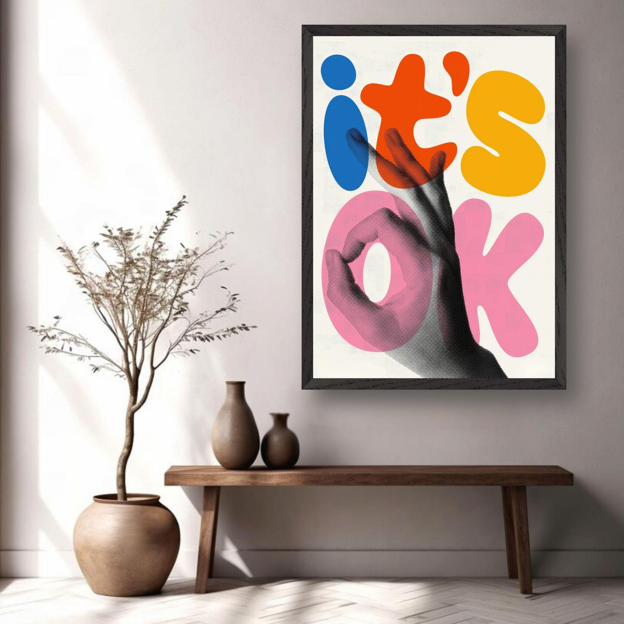 Retro abstract pop art piece titled "It's Ok" featuring vibrant colors and textured hand illustration.