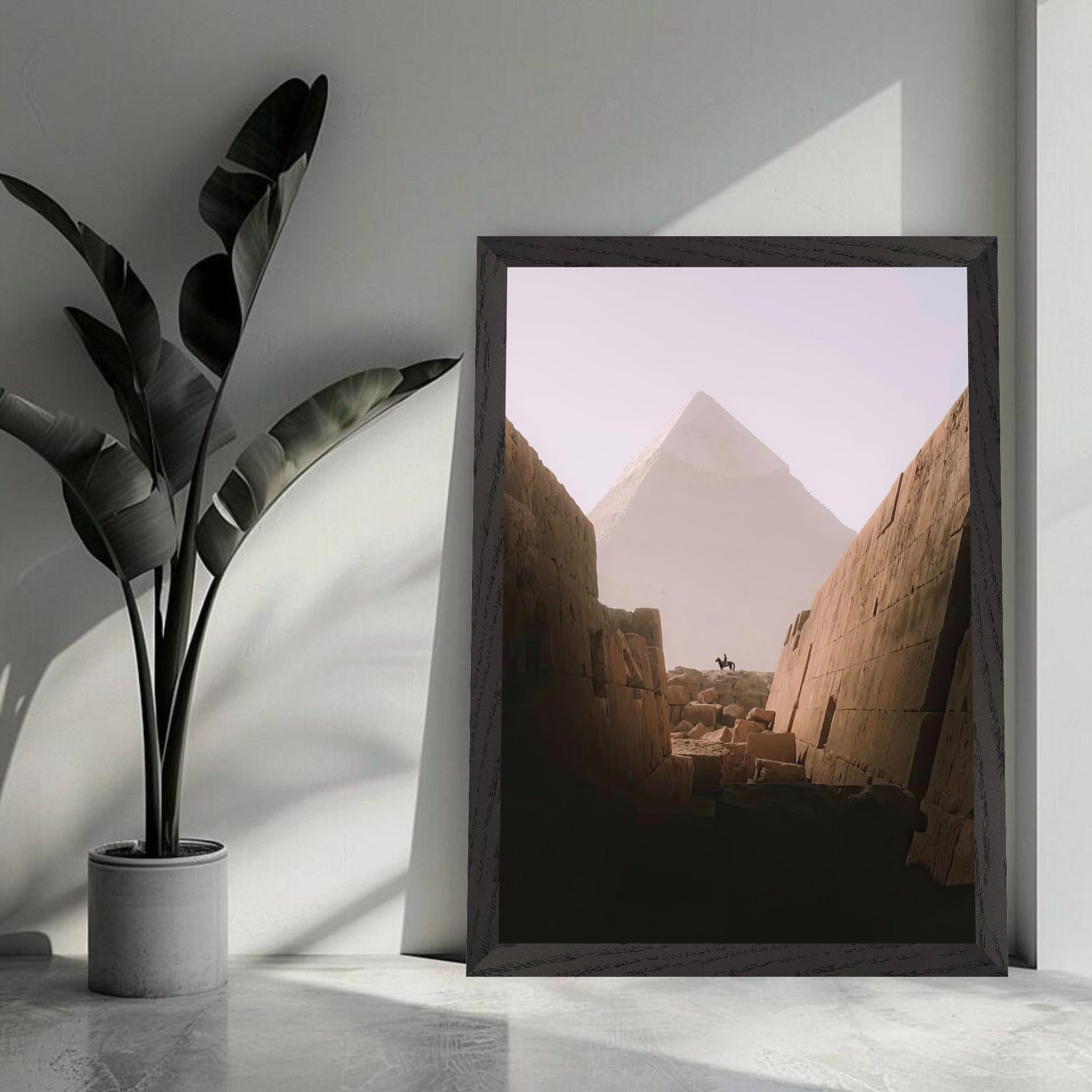 Vintage framed print of a rider and the Great Pyramid of Giza, showcasing ancient Egypt's beauty.