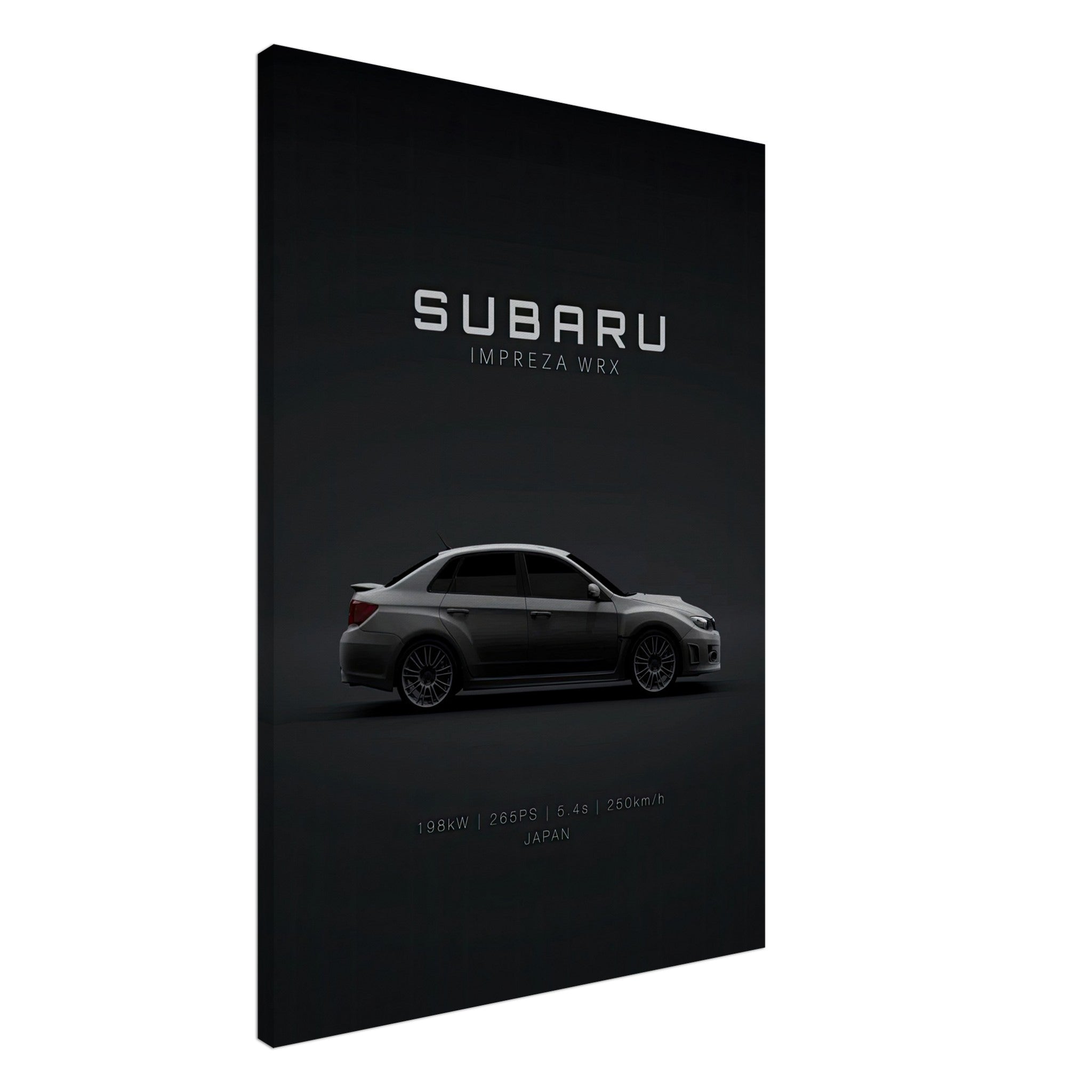 Subaru WRX canvas wall art featuring sleek design and modern black backdrop, ideal for car enthusiasts.