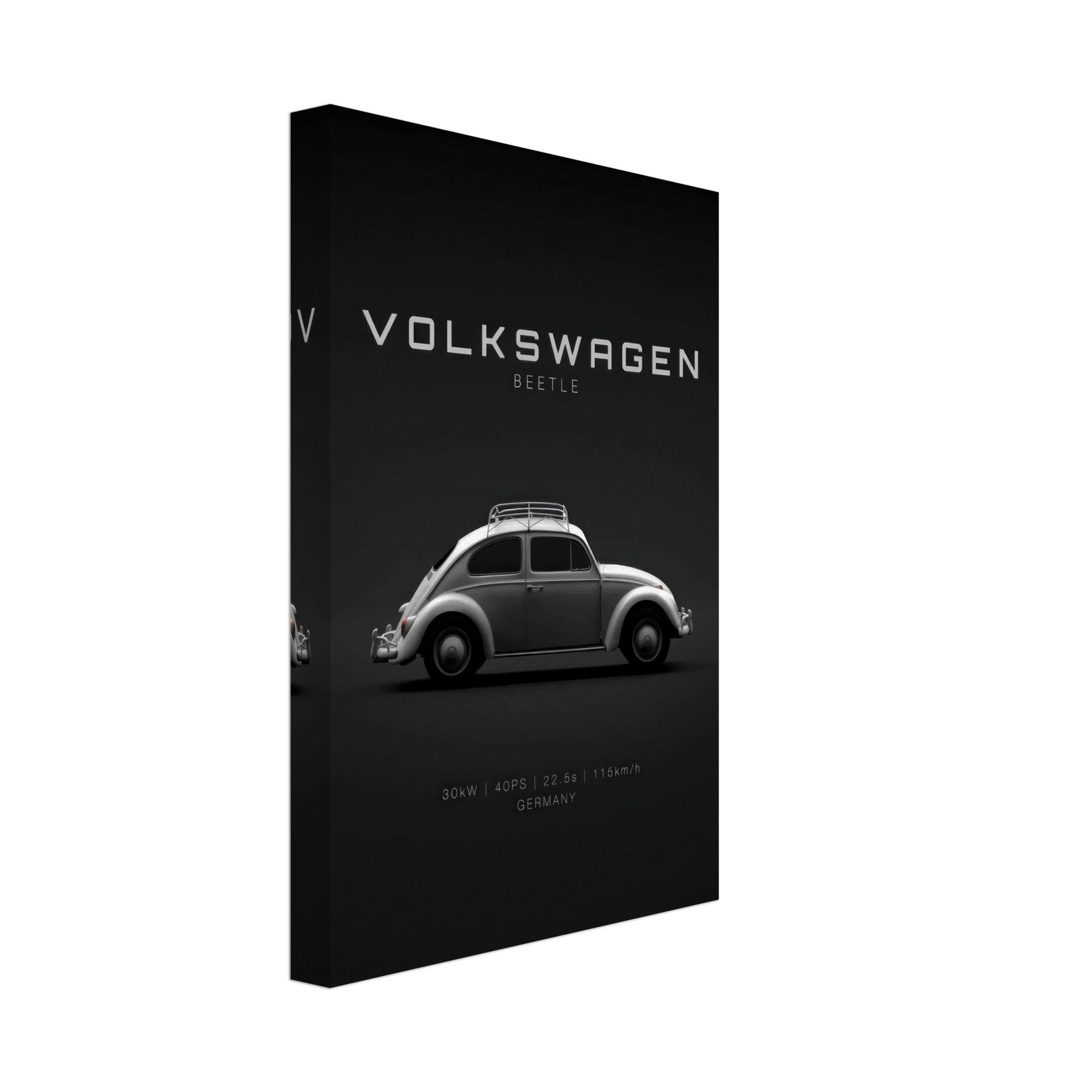 Stylish Volkswagen Beetle canvas artwork featuring a classic car silhouette on a sleek black background.