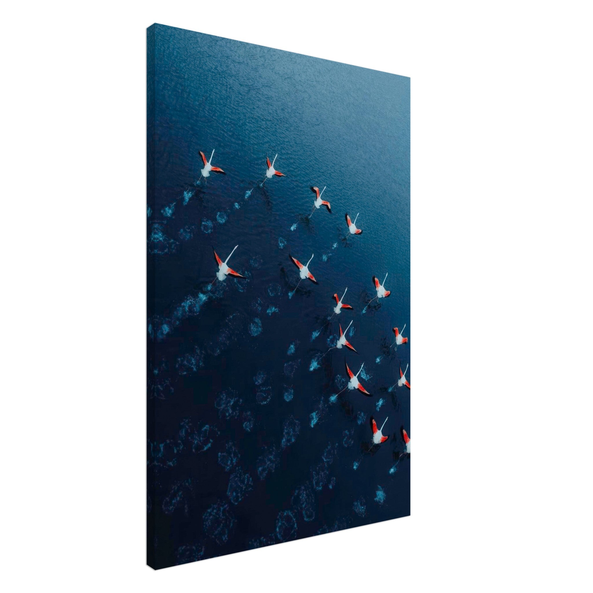 Aerial view of flamingos flying over deep blue water, captured in a stunning canvas print.