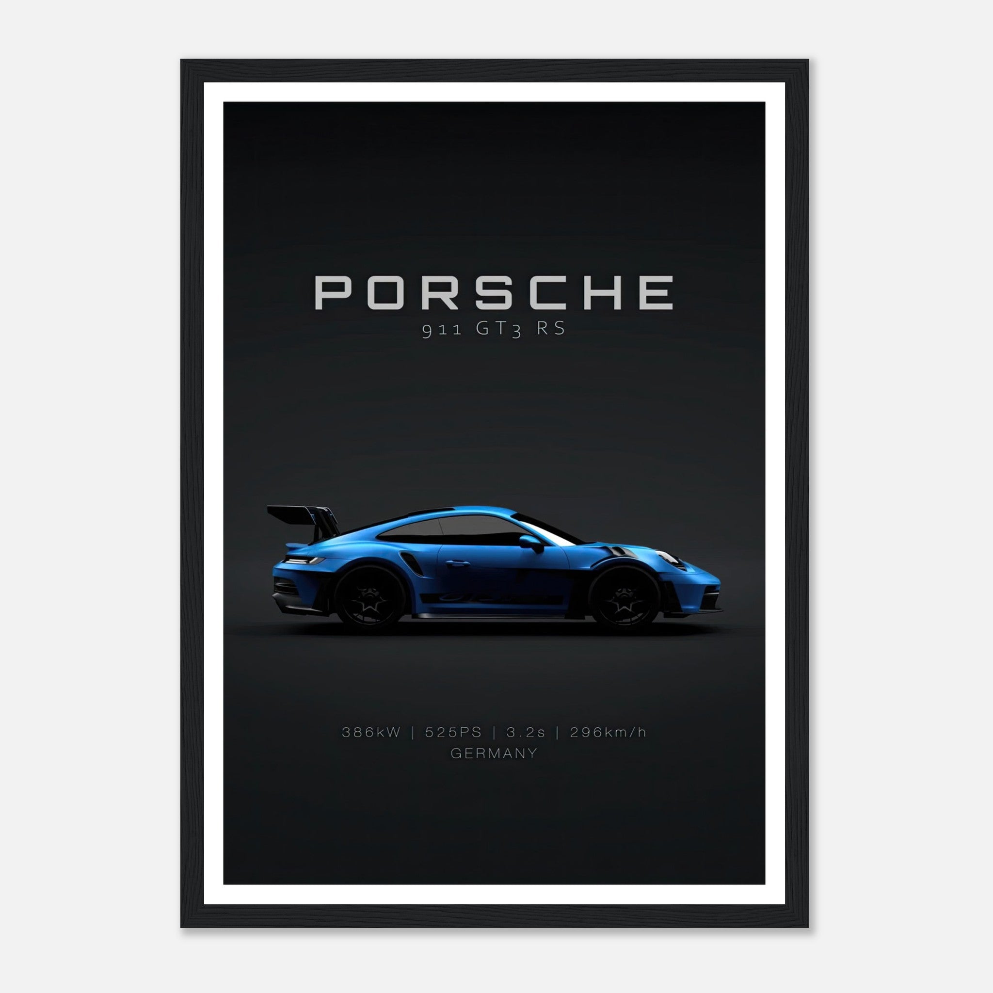 Framed poster of Porsche 911 GT3 RS showcasing its sleek design and impressive performance stats.