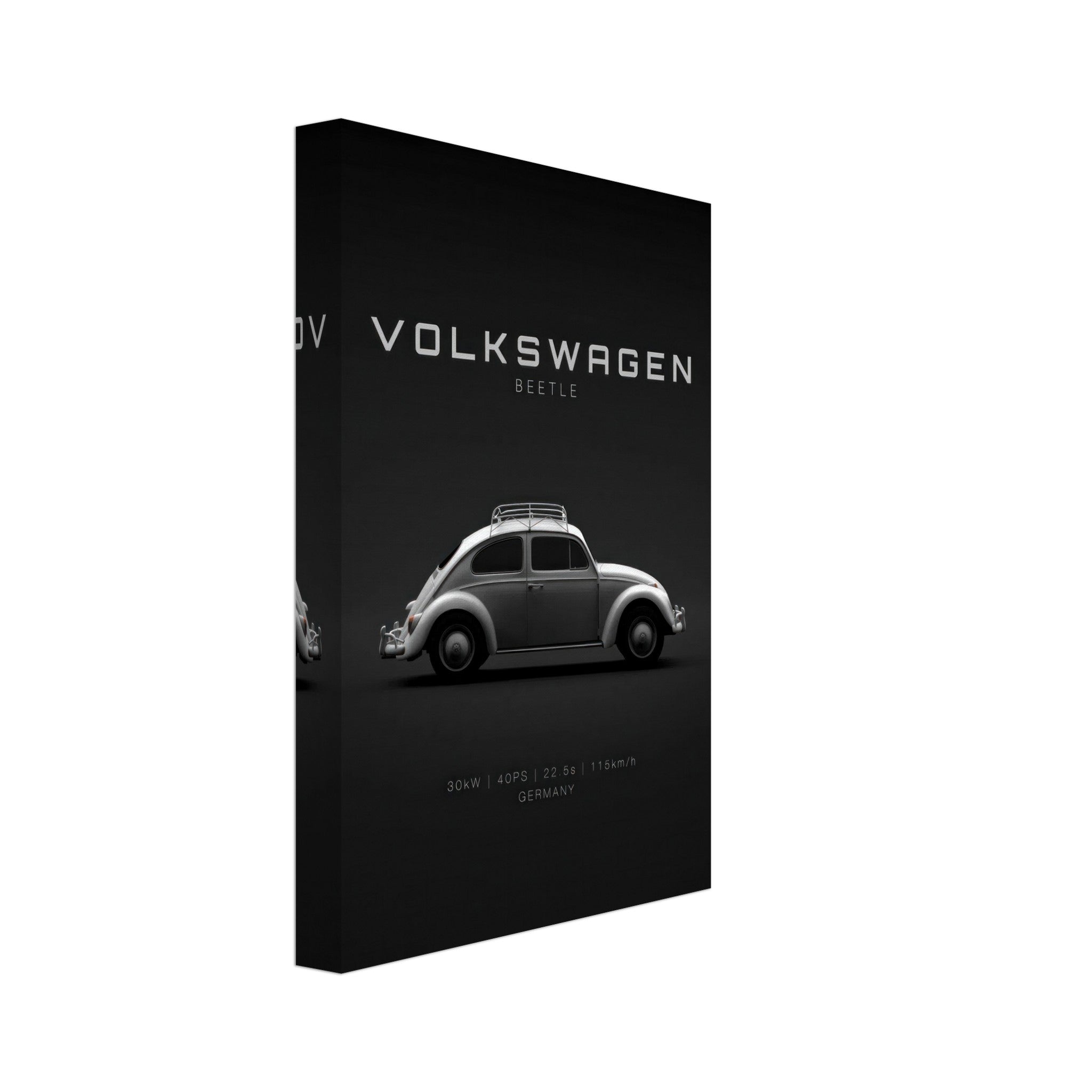 Volkswagen Beetle canvas art featuring a vintage car silhouette on a sleek black background.