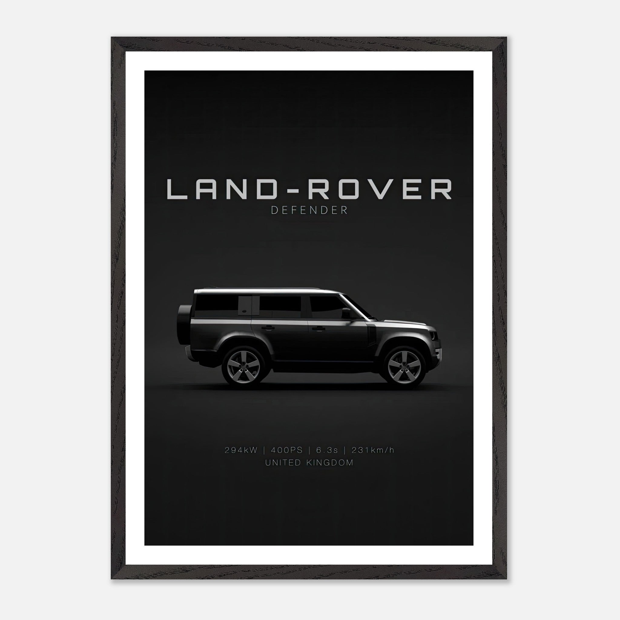 Land Rover Defender vintage framed art print showcasing iconic silhouette against a black background.