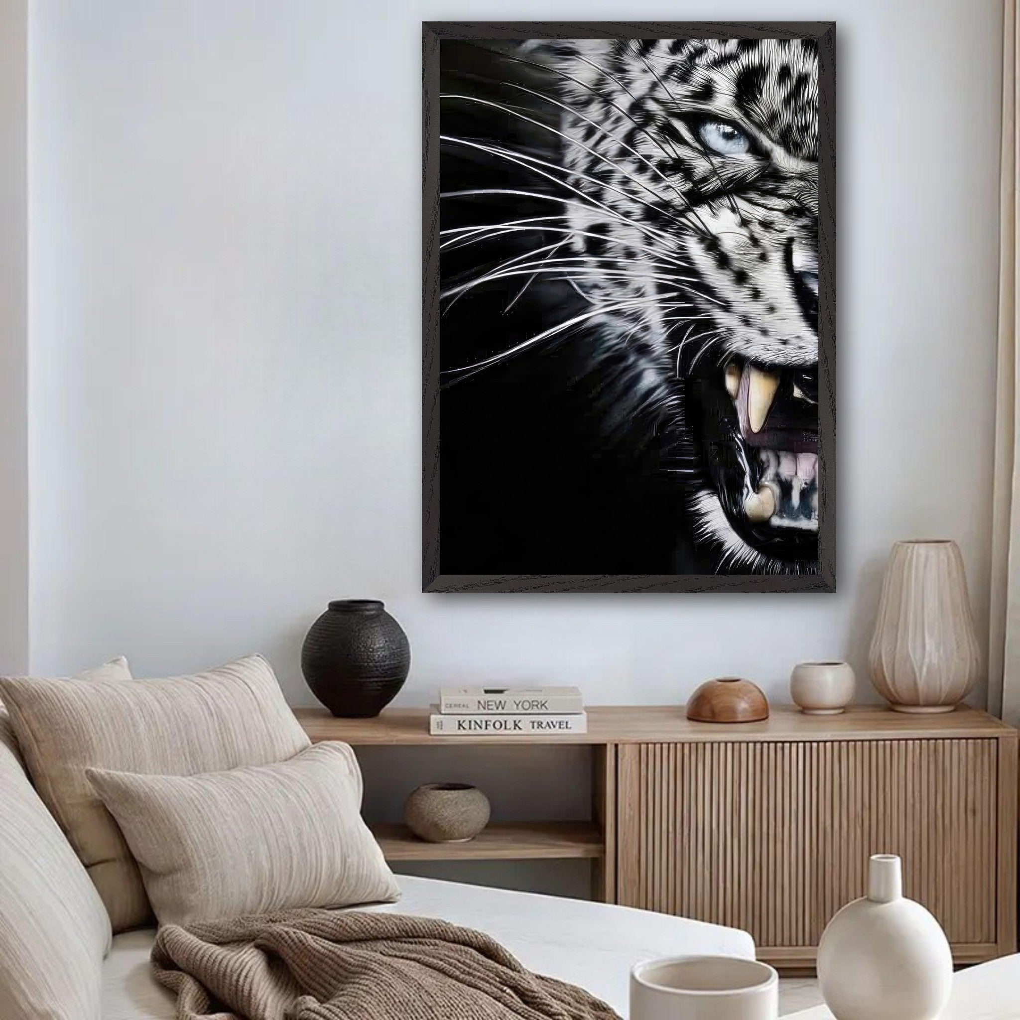 Leopard close-up portrait in modern living room, showcasing intense expression and fine art quality.