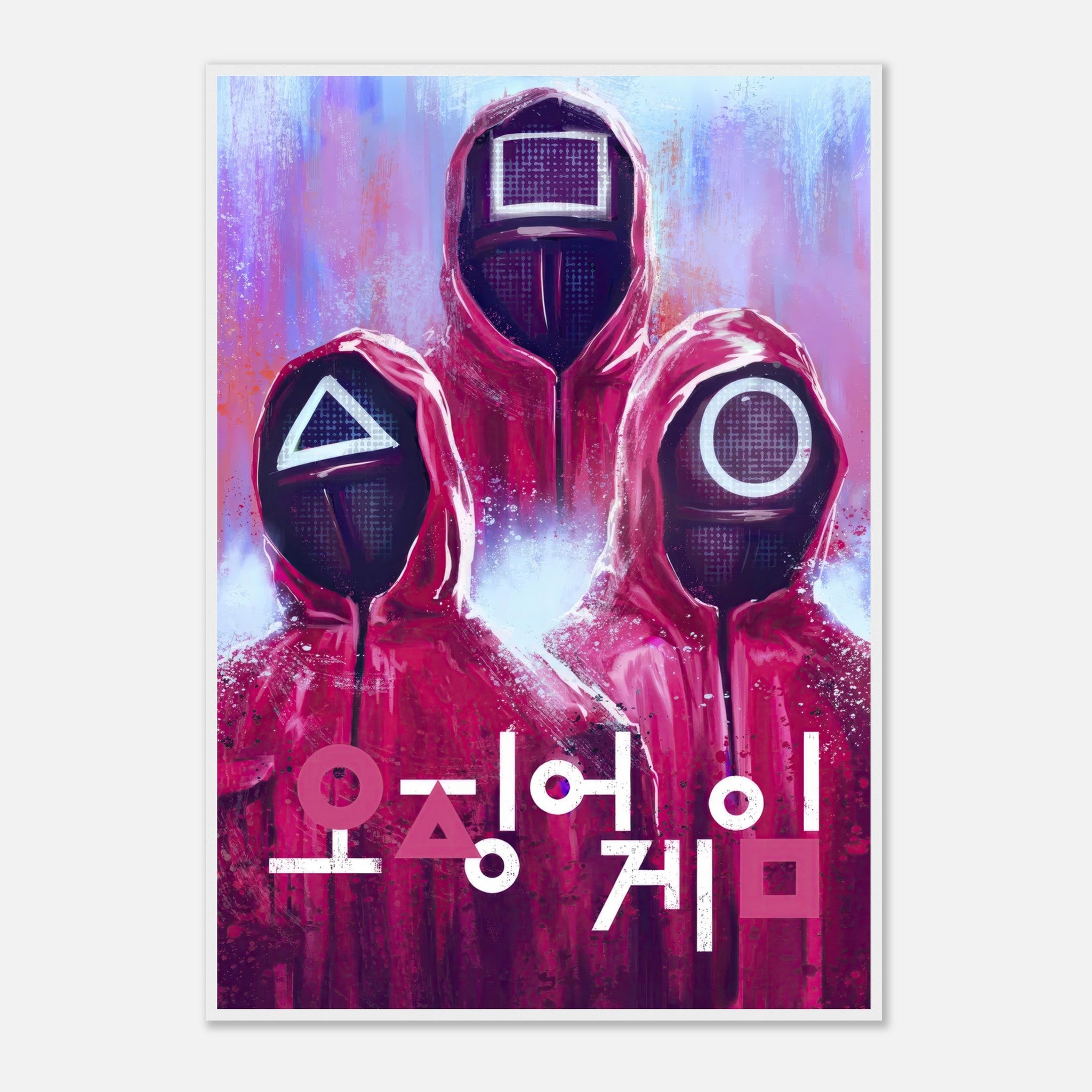 Framed poster of Squid Game featuring iconic guards in red suits and geometric masks, with bold Korean typography.