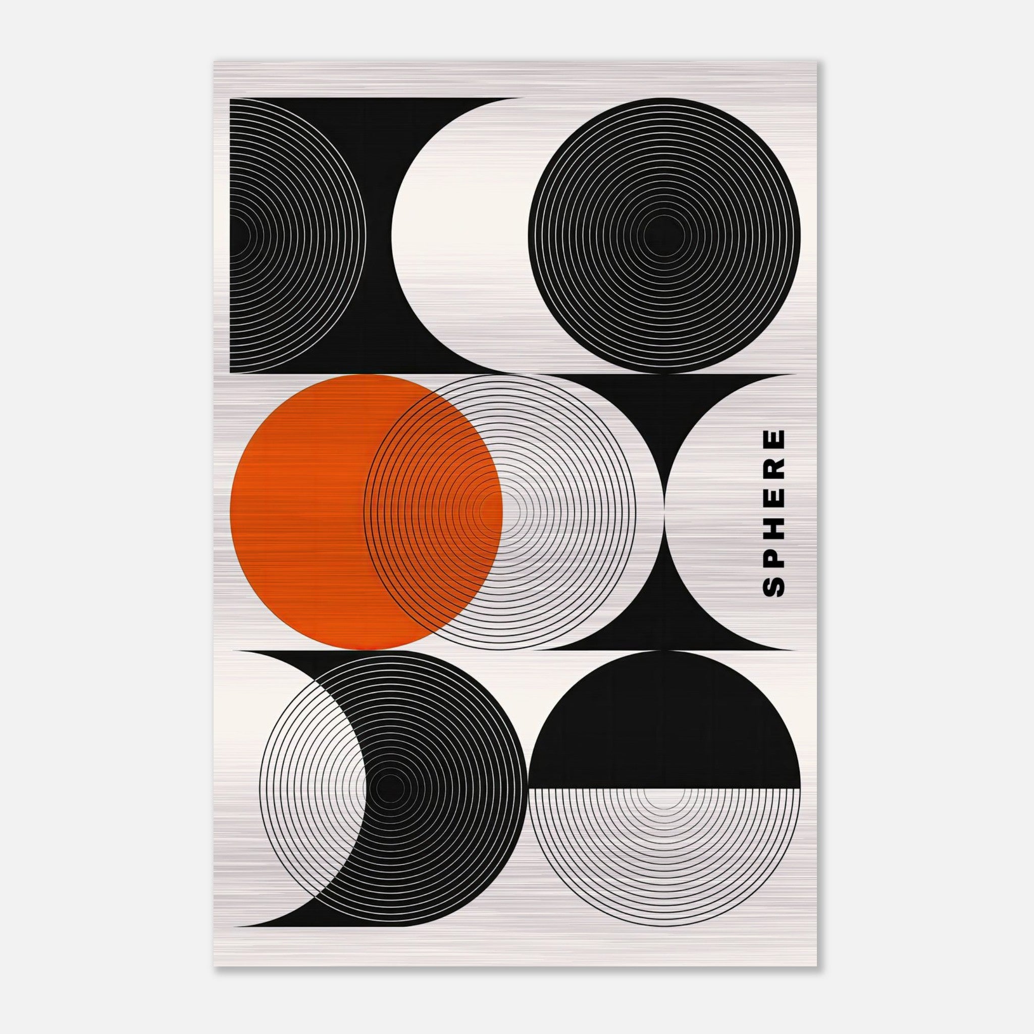 Abstract geometric sphere art print with black, white, and orange circular patterns on a brushed metal background.