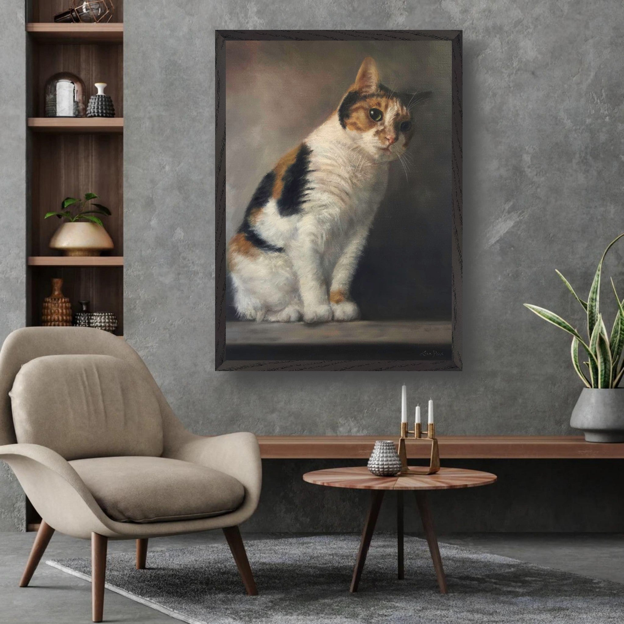 Realistic cat portrait painting displayed in a modern living room with stylish furniture and decor.