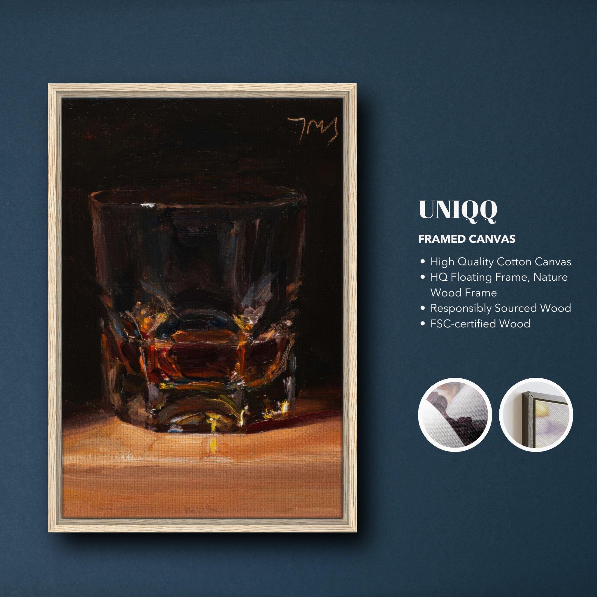 Whiskey-themed framed canvas print showcasing a glass of whiskey on a dark background.