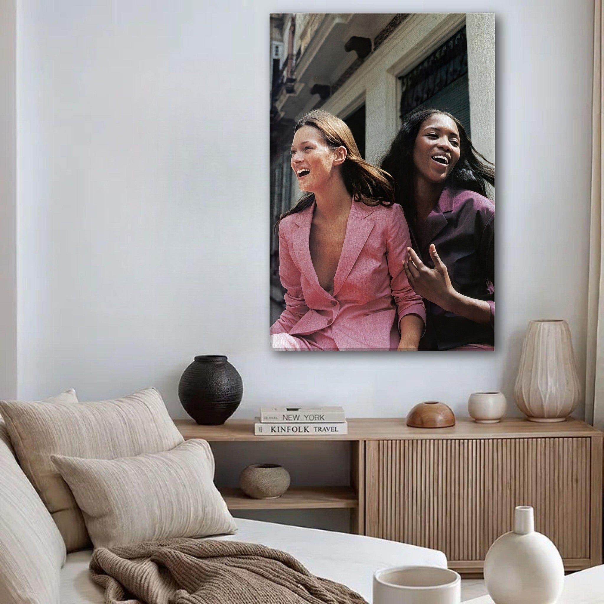 Naomi Campbell and Kate Moss canvas print featuring vibrant colors and elegance, perfect for stylish home decor.