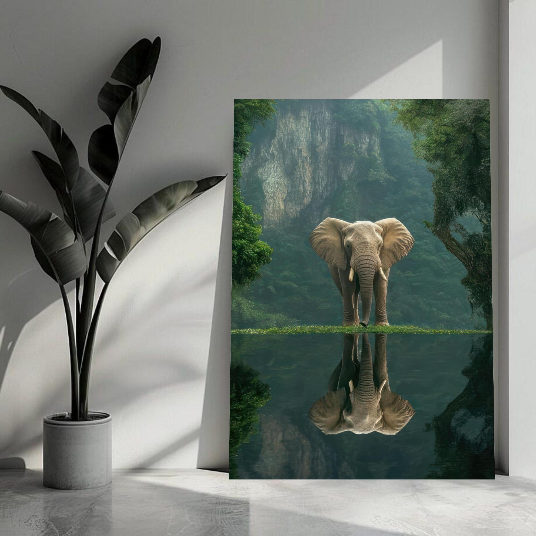 Jungle Elephant Portrait metal print artwork featuring an elephant by a tranquil water body in a lush green jungle.