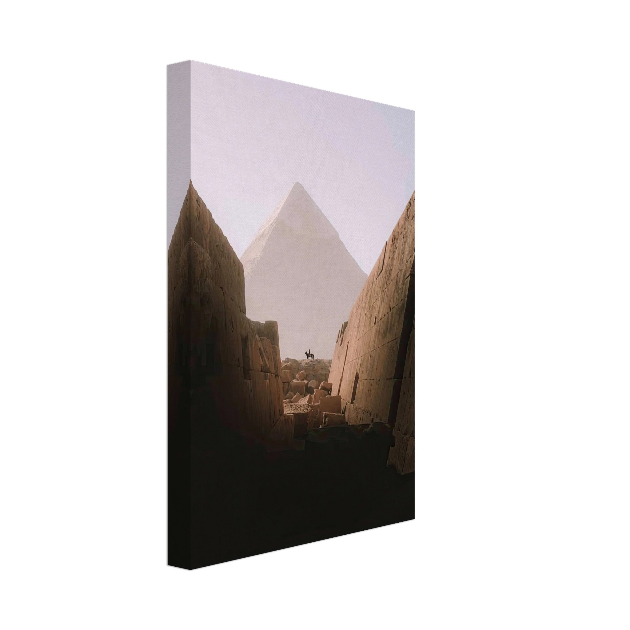 Horse and rider silhouetted against the Great Pyramid of Giza, featured in a captivating canvas print.