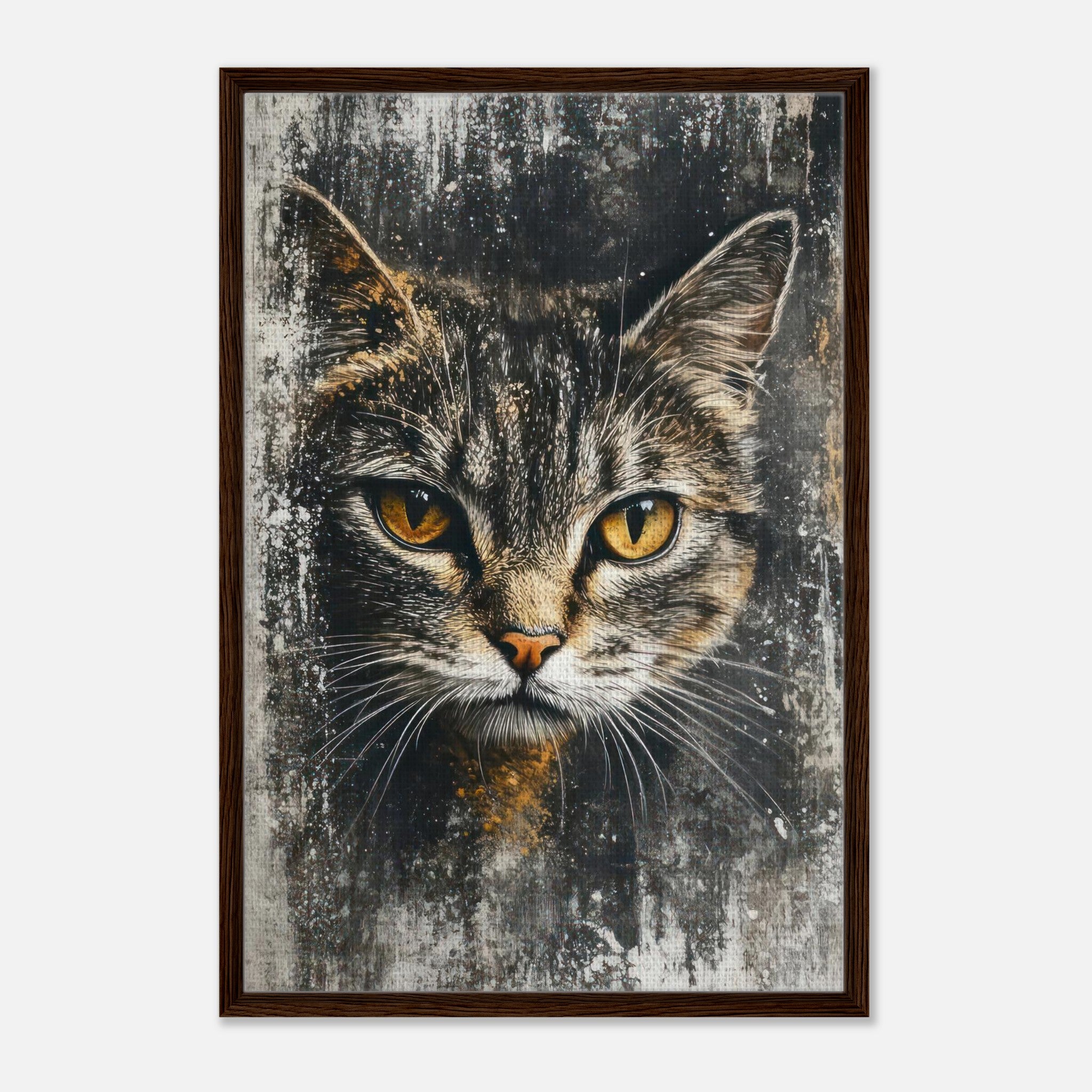 Framed canvas print of a cat painting showcasing intense gaze and detailed textures.