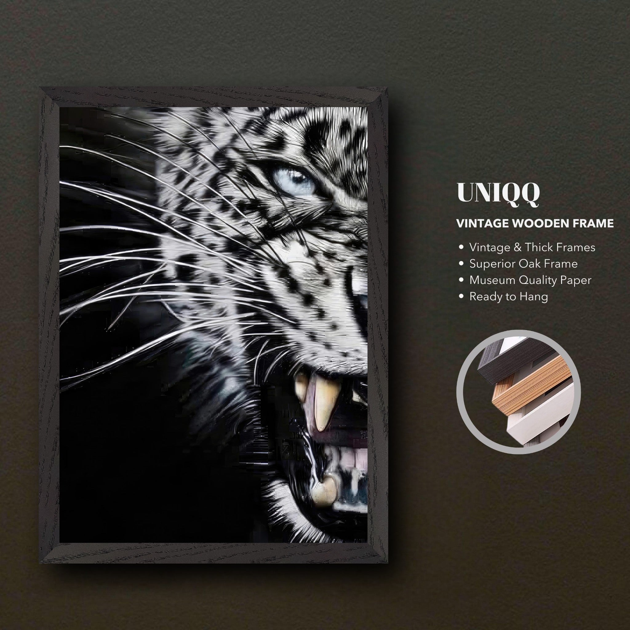 Close-up portrait of a fierce white tiger in a vintage oak frame, showcasing detailed fur and striking blue eyes.