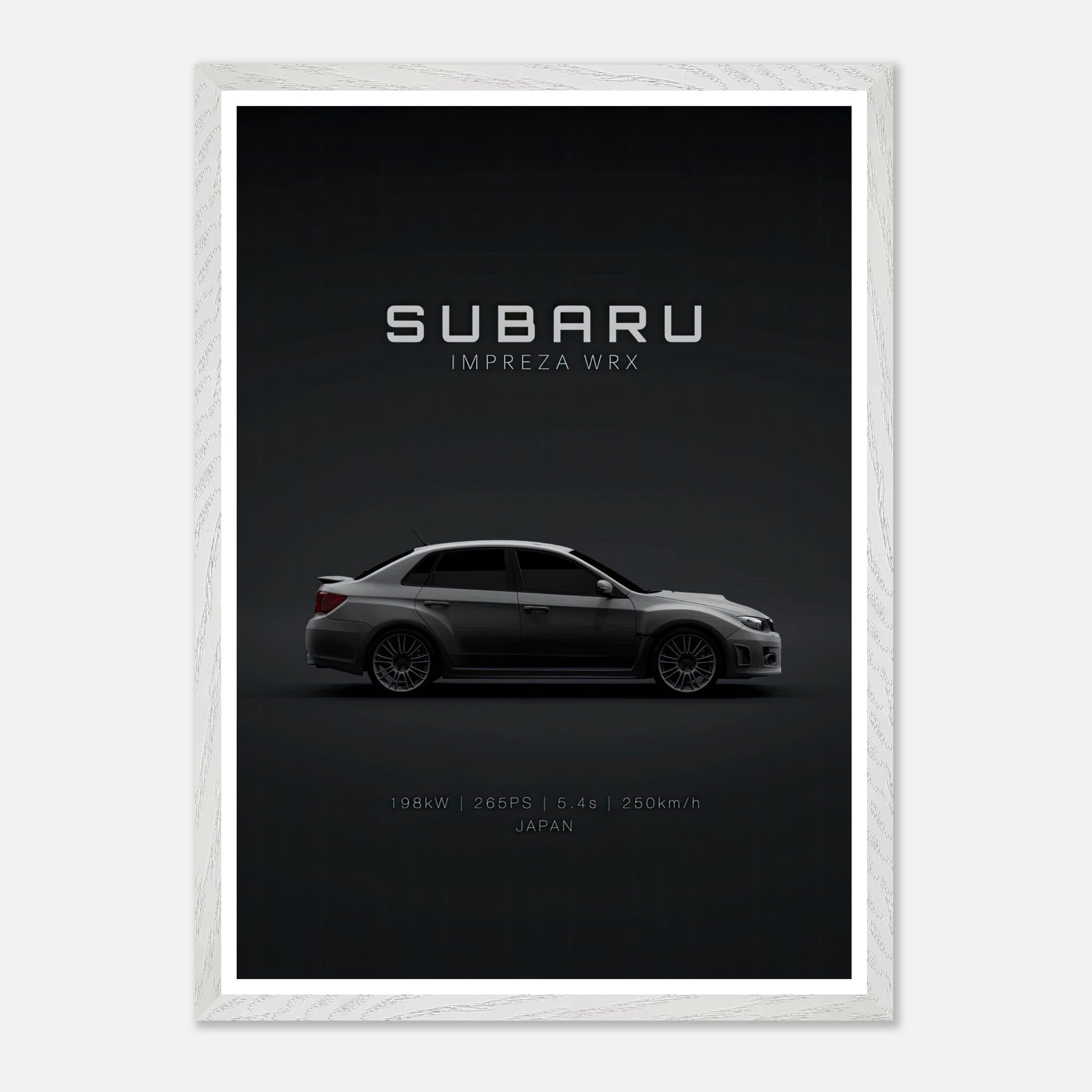Subaru WRX vintage framed art showcasing the iconic car's sleek profile against a dark backdrop.