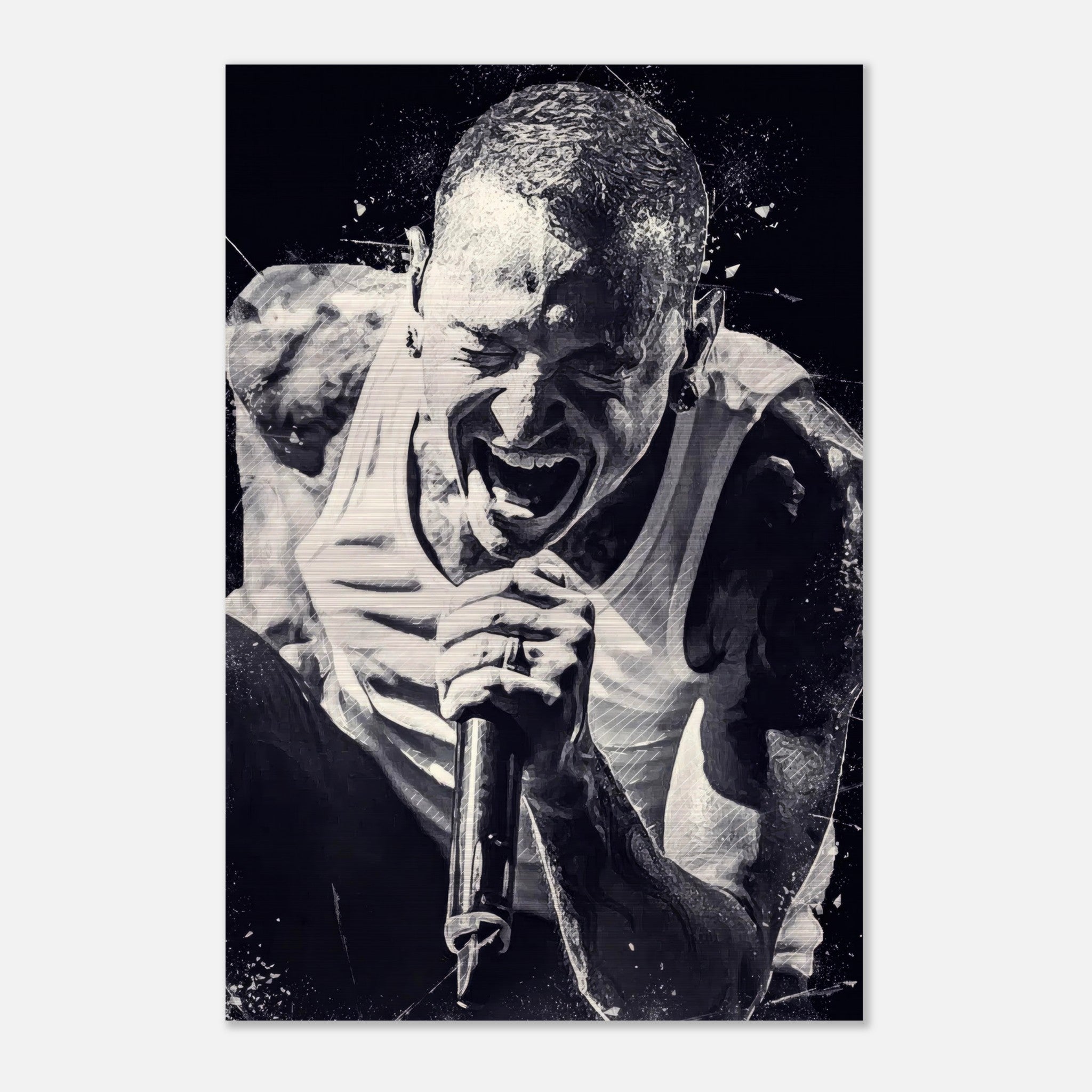 Chester Bennington brushed metal print showcasing his passionate performance in a dynamic black-and-white design.