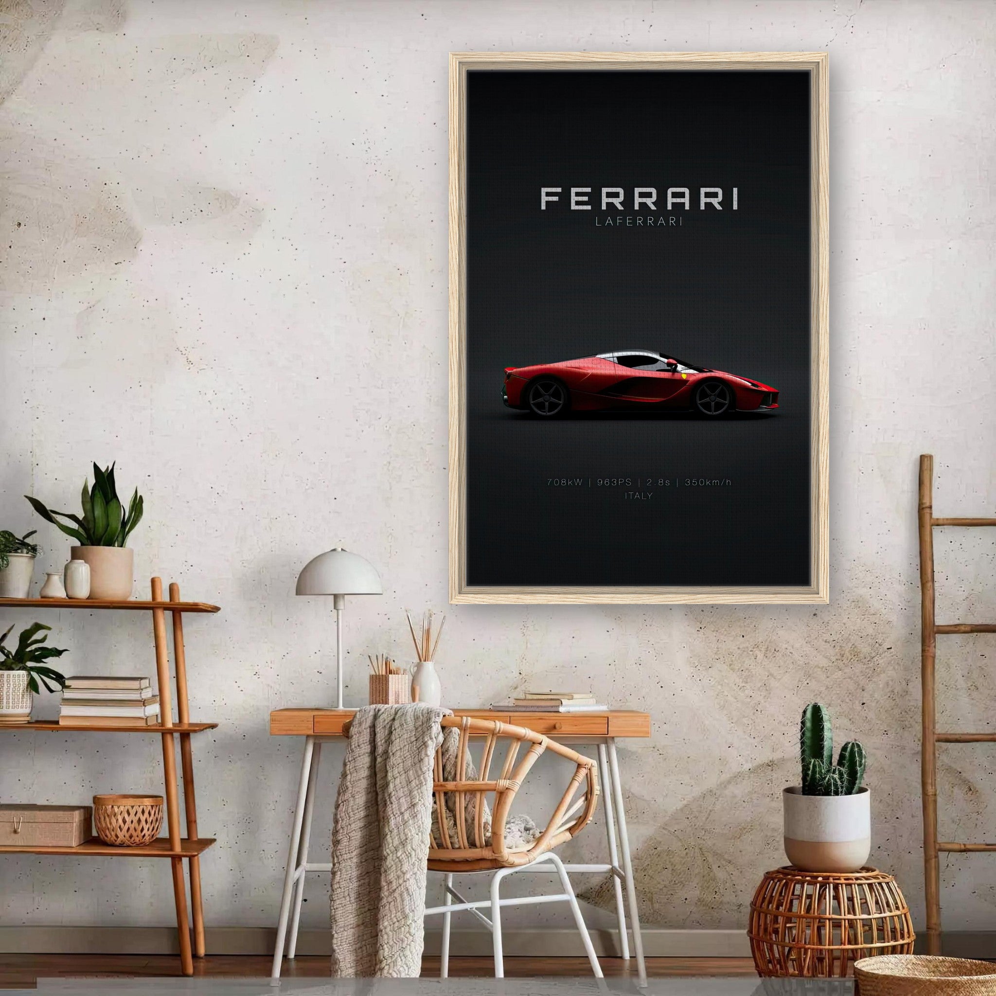 Ferrari Laferrari framed canvas art showcasing the red supercar against a minimalist backdrop in a stylish room.