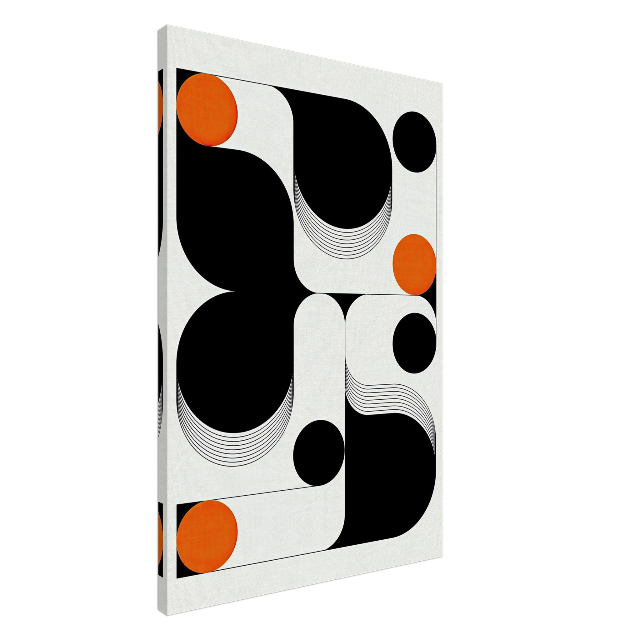 Modern geometric abstract art canvas print featuring bold black and white curves with vibrant orange accents.