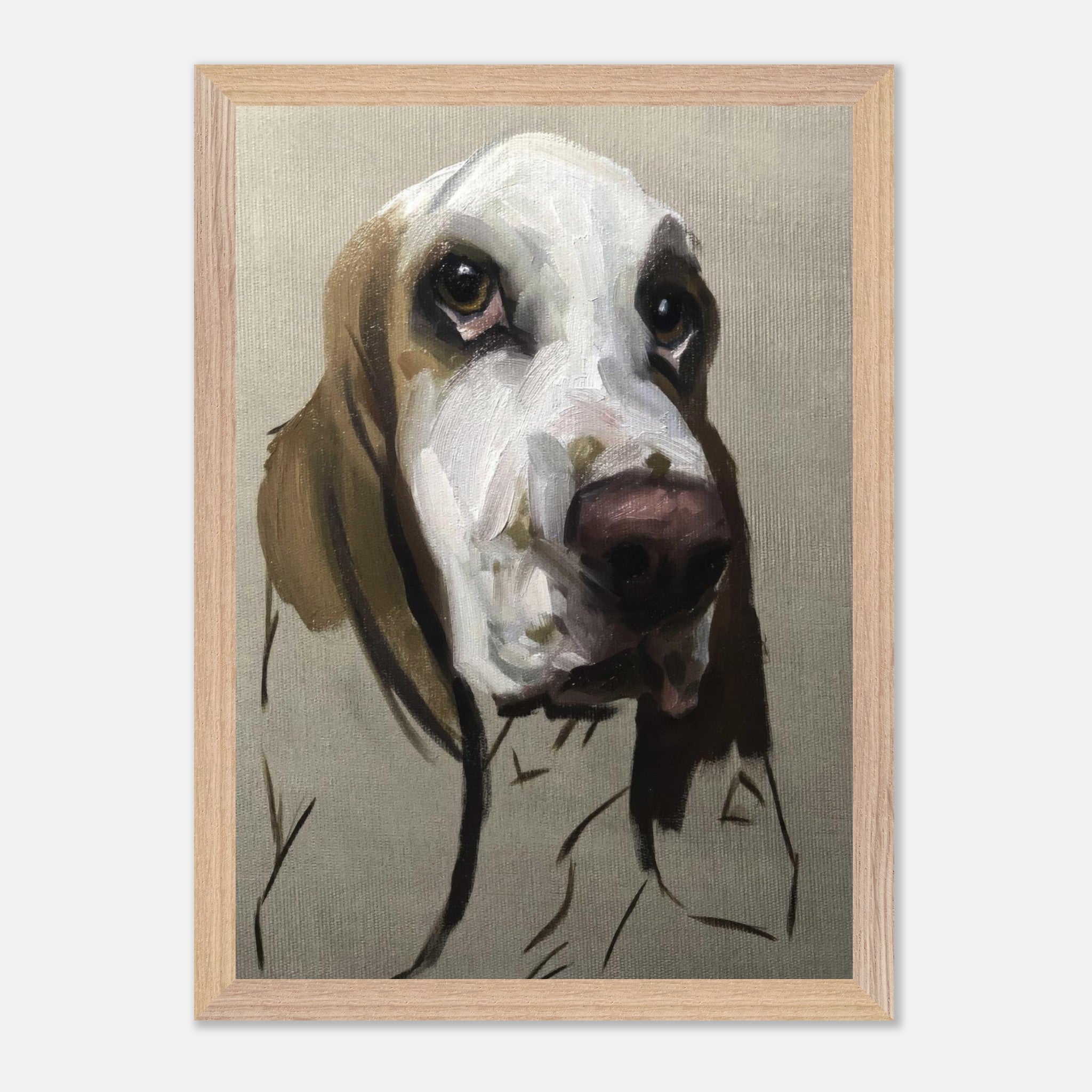 Basset Hound dog painting vintage framed print showcasing expressive brushstrokes and soulful gaze.