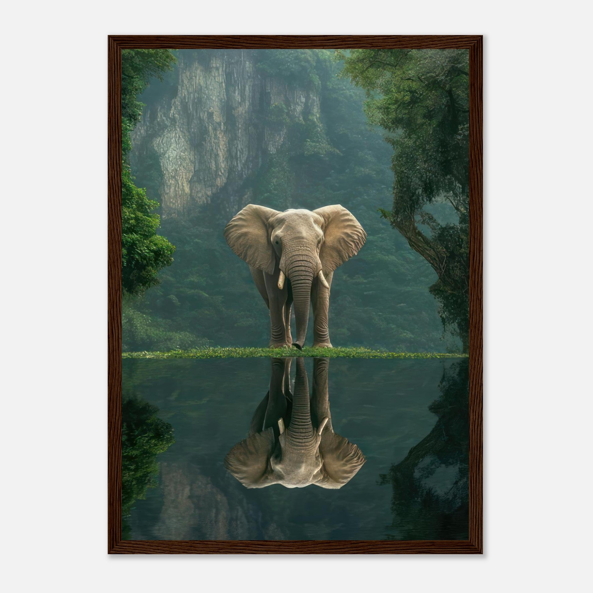 Framed print of a majestic jungle elephant reflecting in water surrounded by lush greenery.