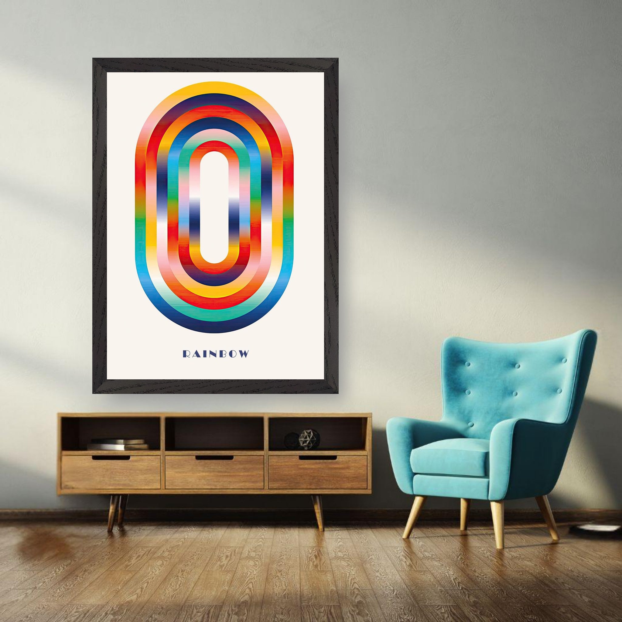 Abstract Rainbow Geometric Art Vintage Framed Print displayed in a modern living room setting.