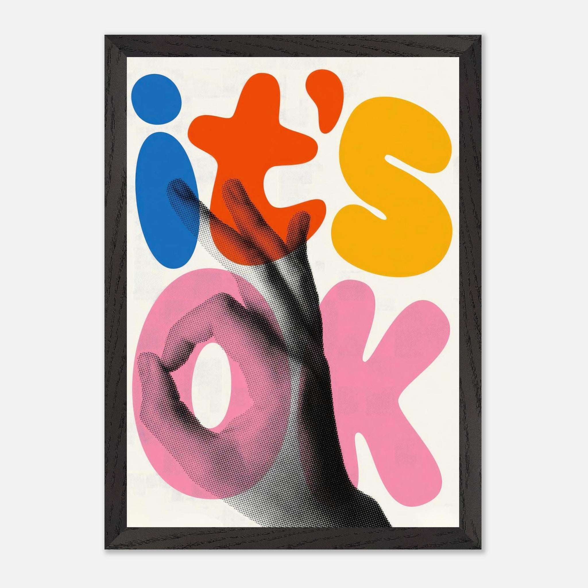 Retro abstract pop art print featuring vibrant colors and a playful hand gesture, framed in black.