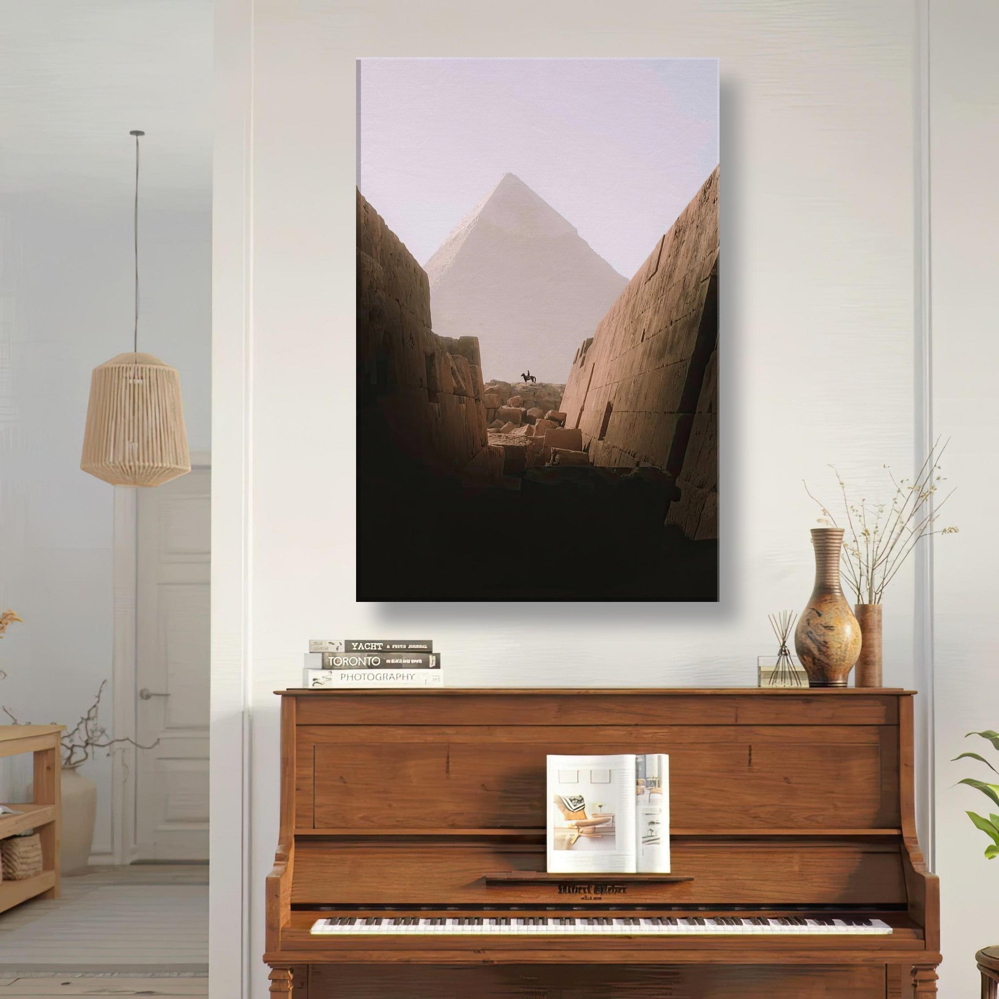 Canvas print of the Great Pyramid of Giza with a silhouette of a rider on horseback in a cozy living room setting.