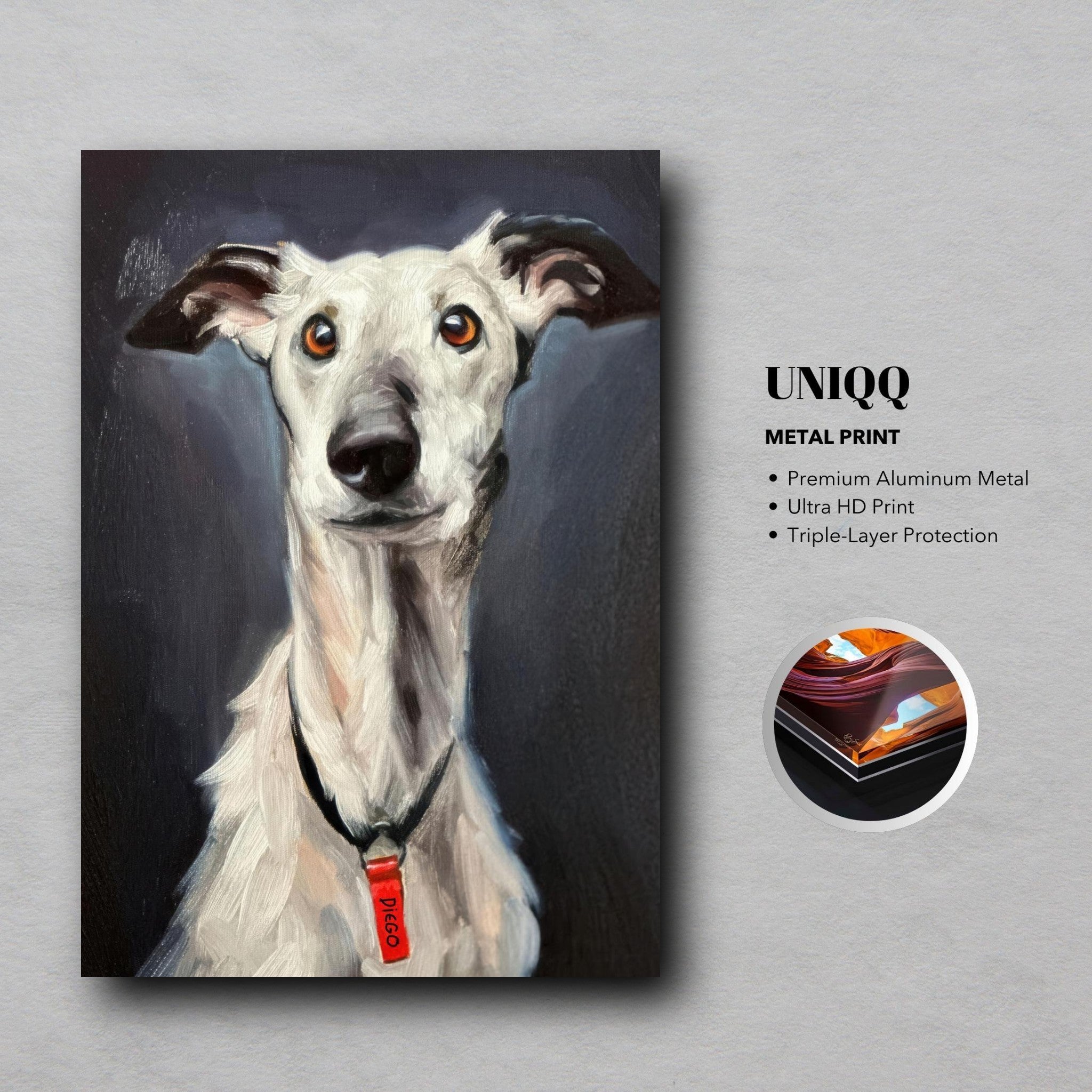 Greyhound dog painting on metal print, showcasing elegant features and rich brushstrokes for home decor.